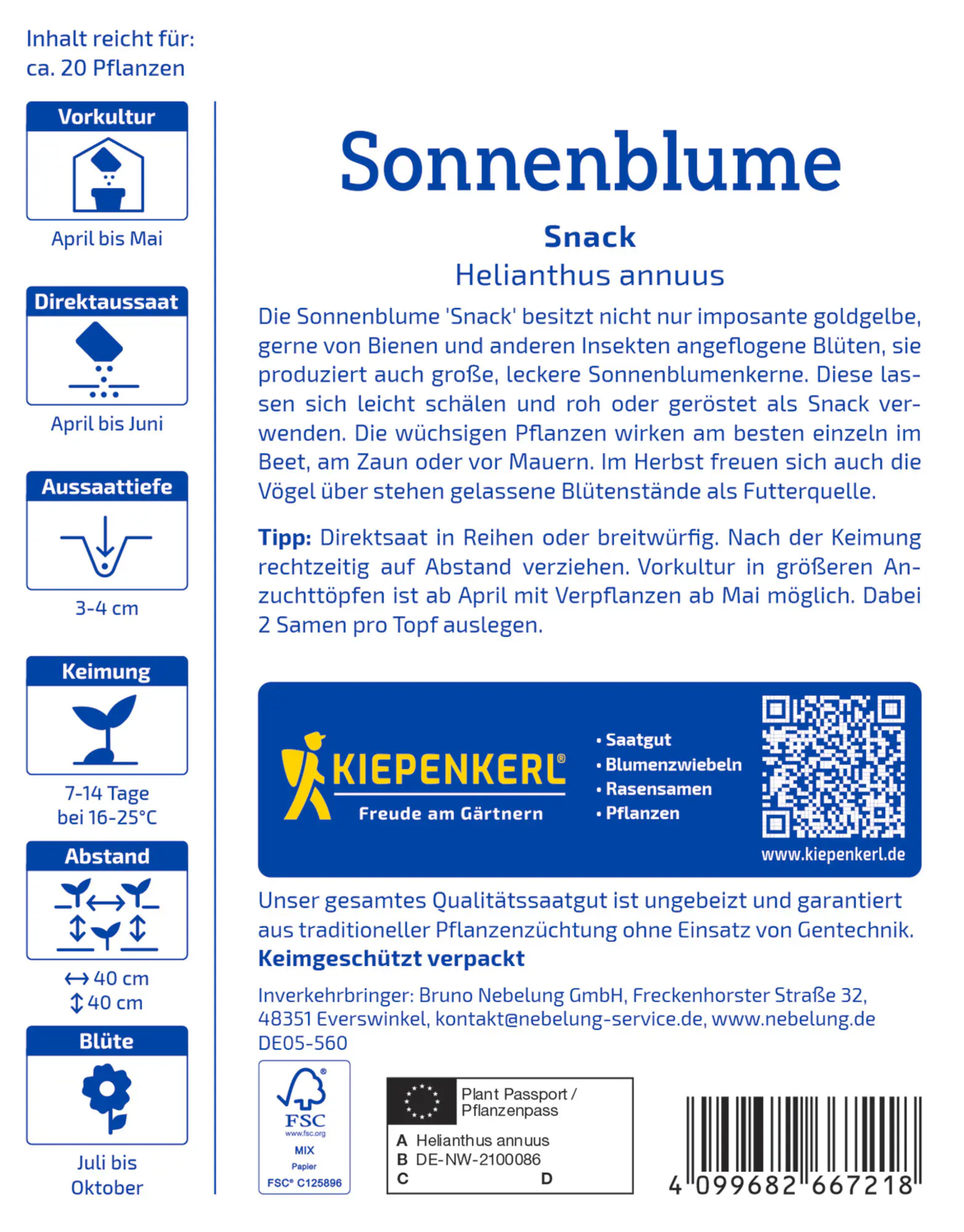 Kiepenkerl Profi-Line Blumensamen Sonnenblumen Snack für ca. 20 Pflanzen