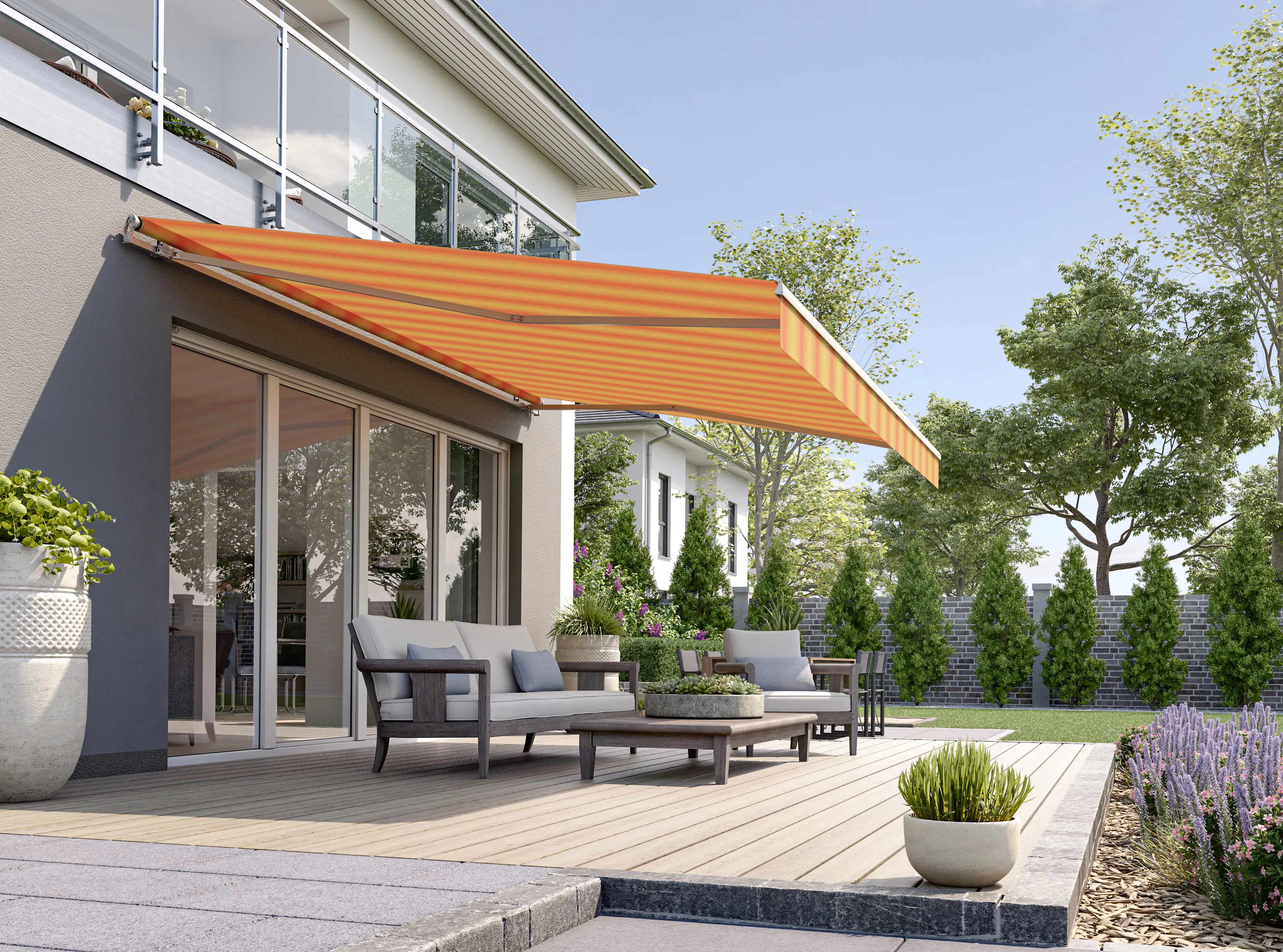 Gelenkarmmarkise Classic gelb-orange gestreift inkl. Motor, Handsender, Solar Panel