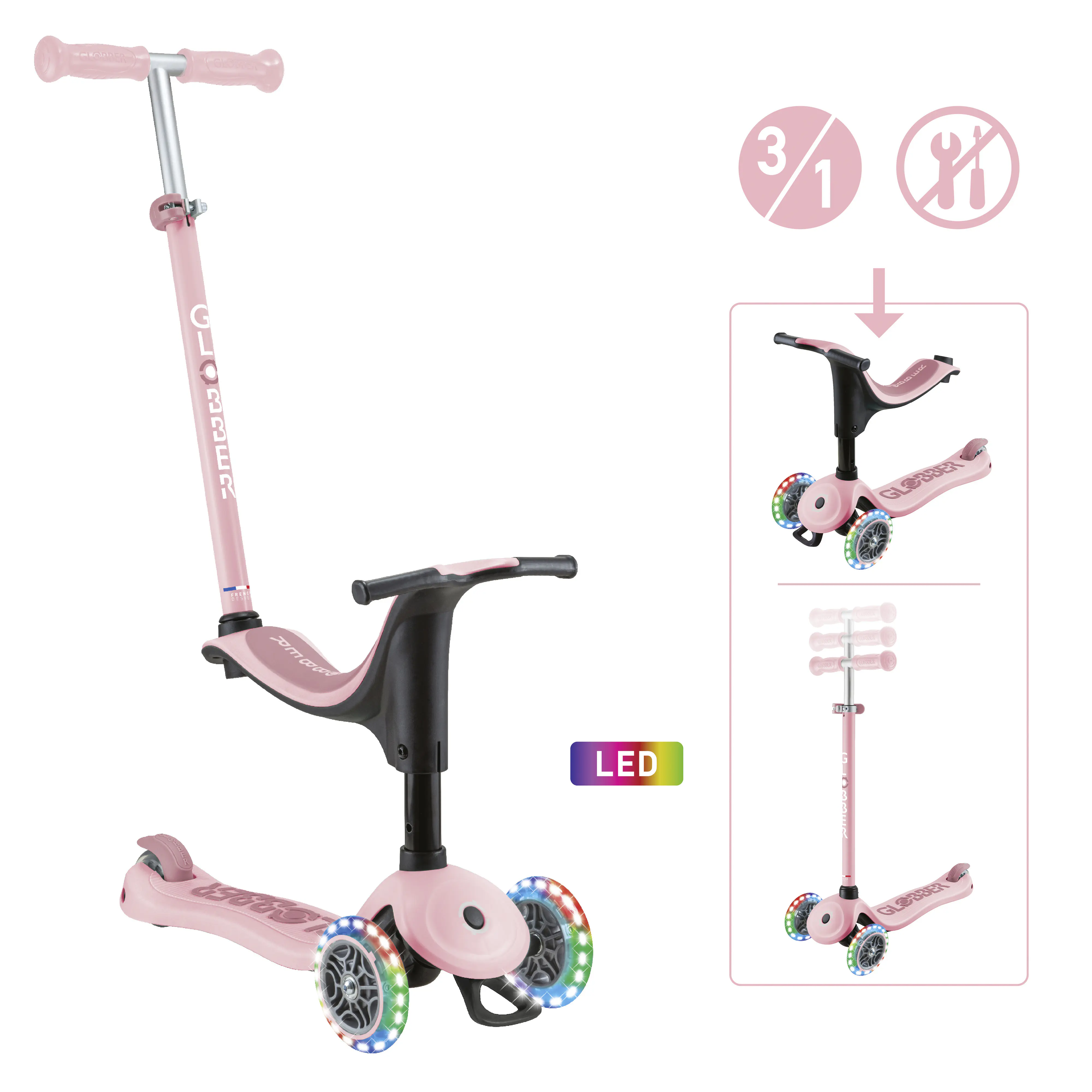 Globber Scooter 3in1 Junior Go-Up Sporty Lights pastellrosa mit Leuchtrollen