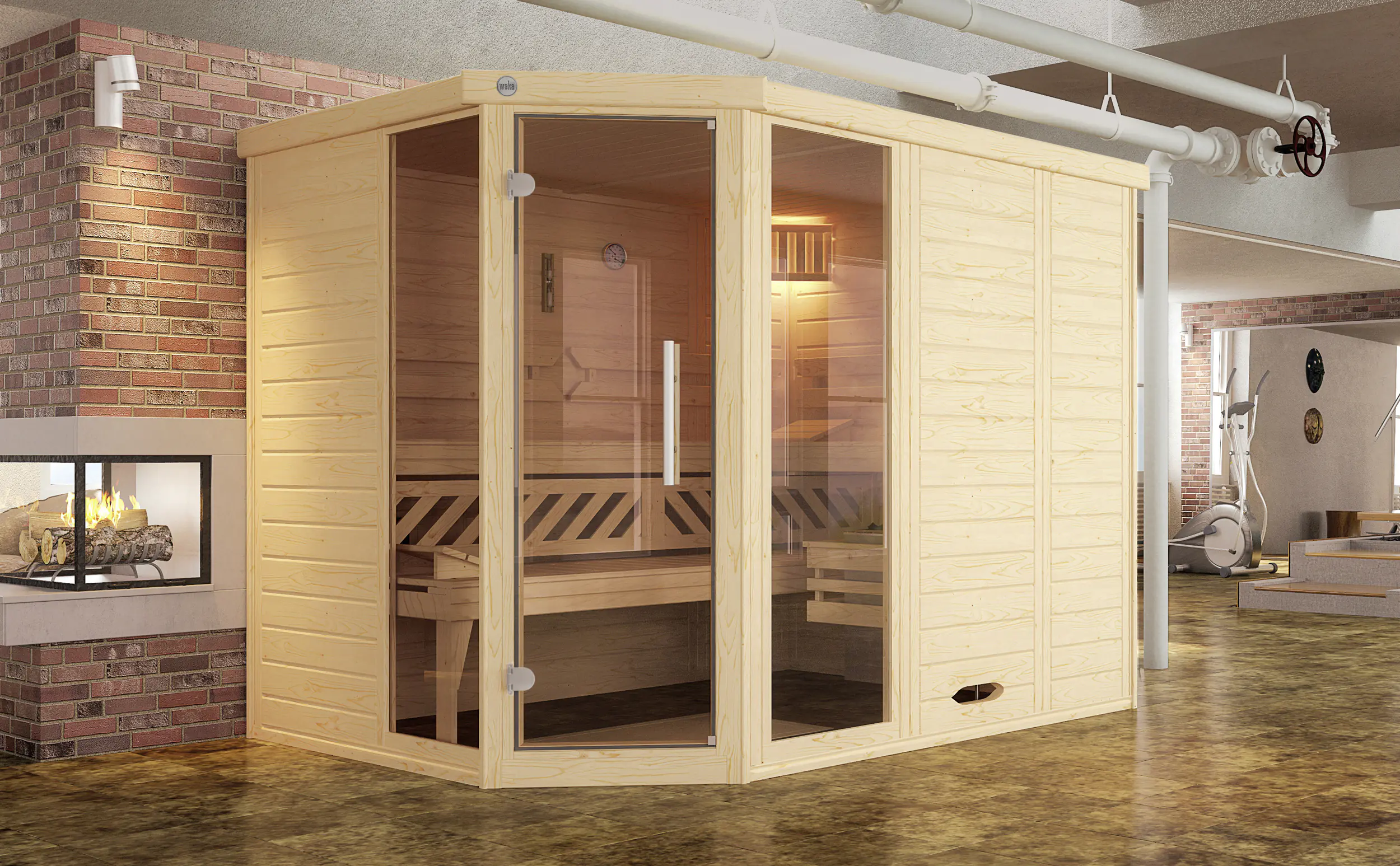 Weka Massivholz-Eck-Sauna Kemi Eck 3 mit Glastür 2 Fenster und Wohlfühl-Paket