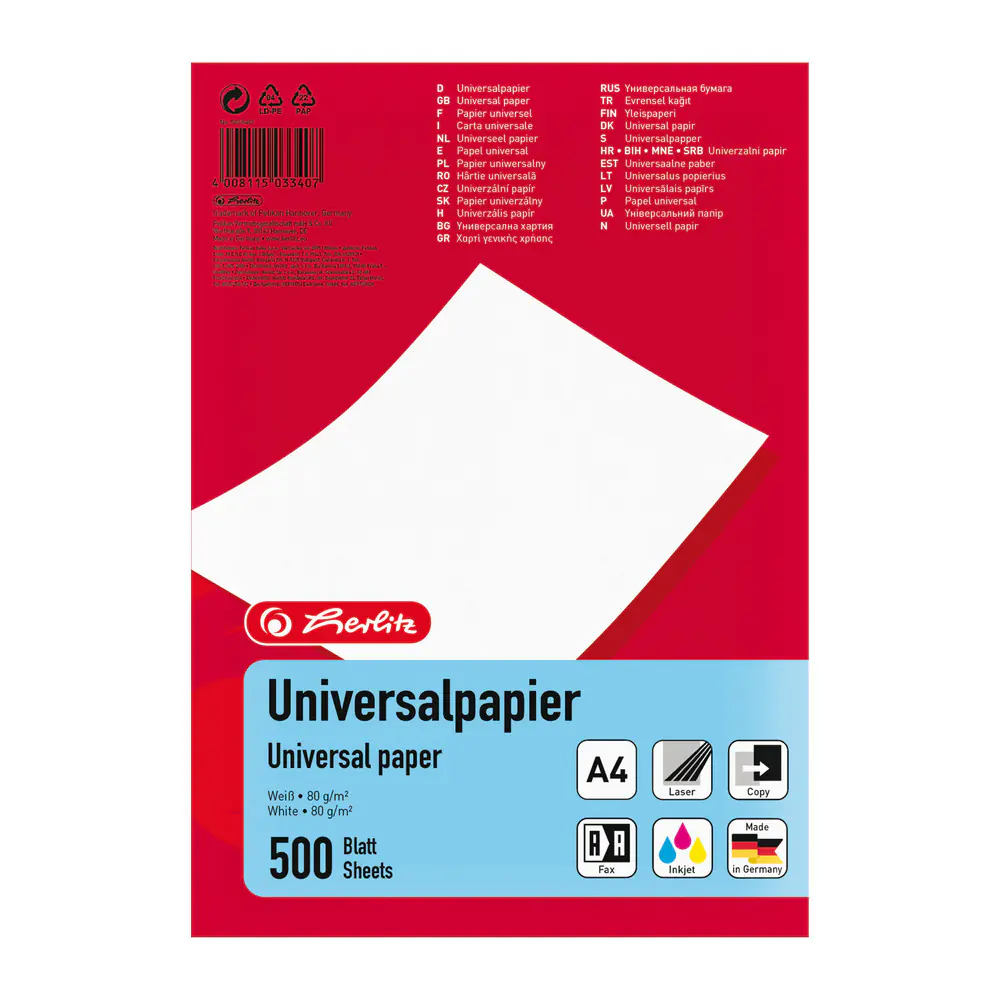 herlitz Universalpapier A4 weiß, 500 Blatt, holzfreies Papier, 80 /qm
