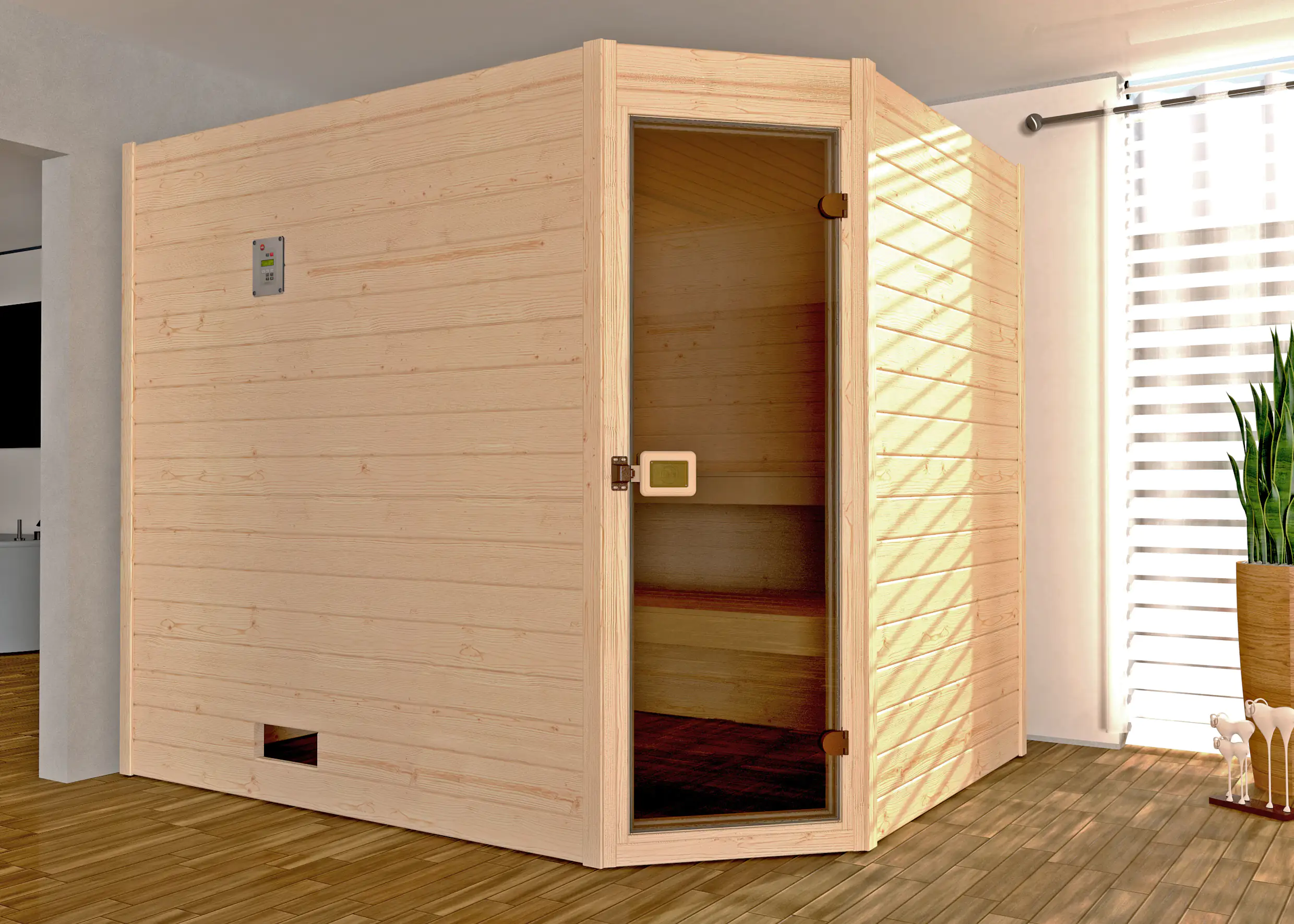 Weka Massivholzsauna Valida Eck 3 mit Glastür
