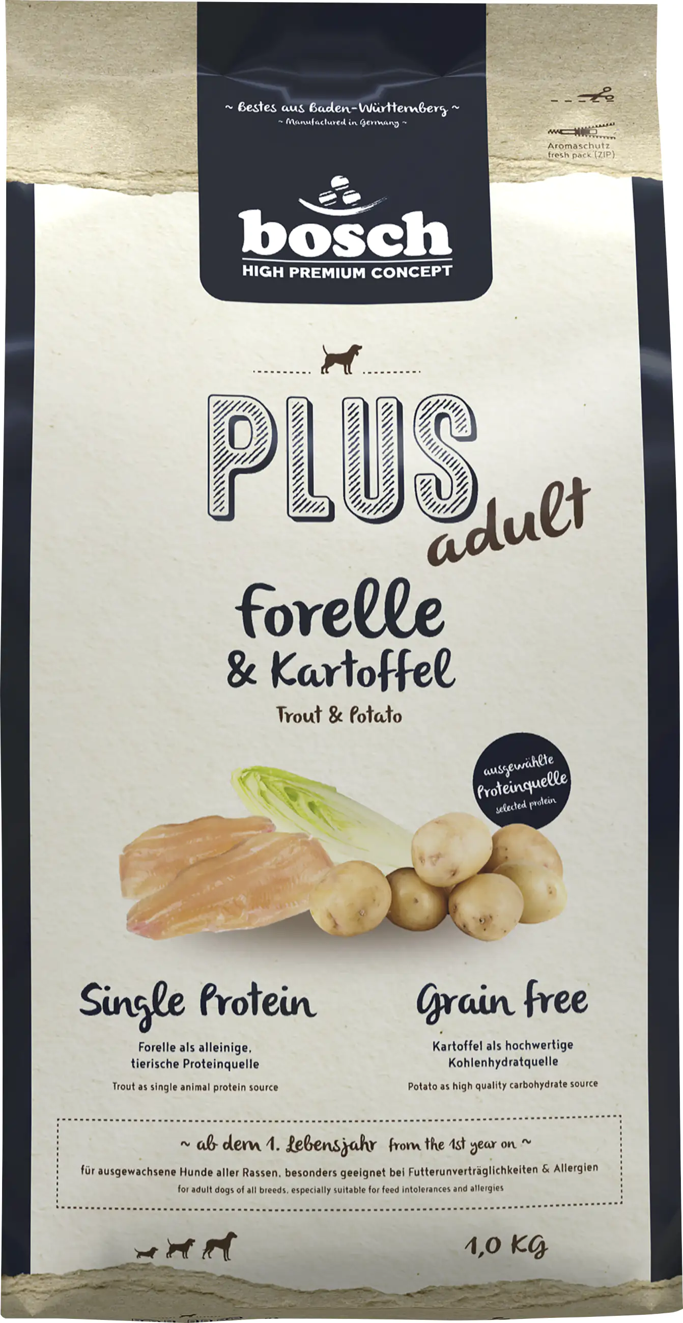 Bosch Plus Hundetrockenfutter Adult 1 kg Forelle & Kartoffel 