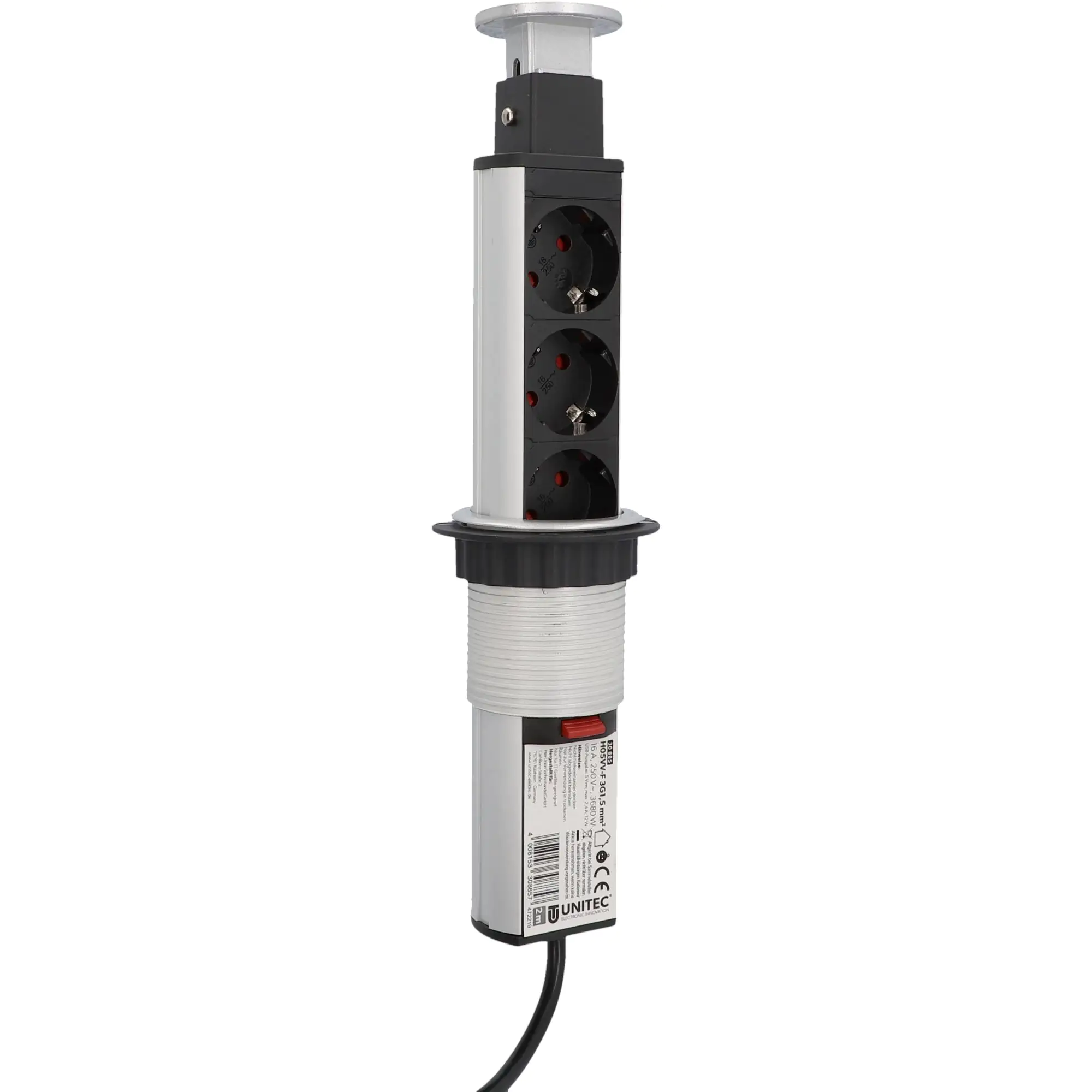 Unitec Einbausteckdosenleiste 3-fach 2m mit 2 x USB Tower, silber