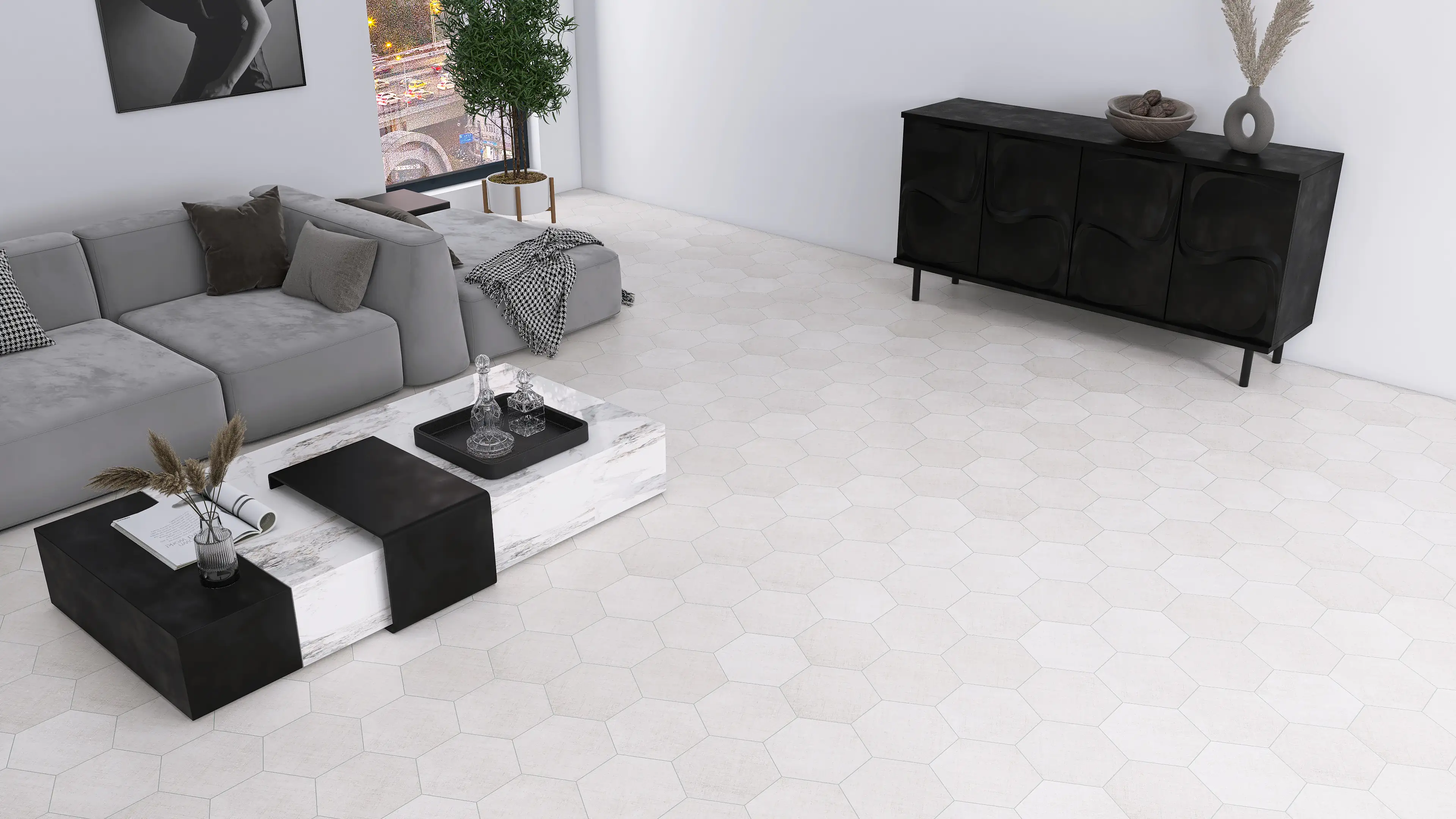 Feinsteinzeug Hexagon Fabric Ivory 21,5 x 25 cm beige