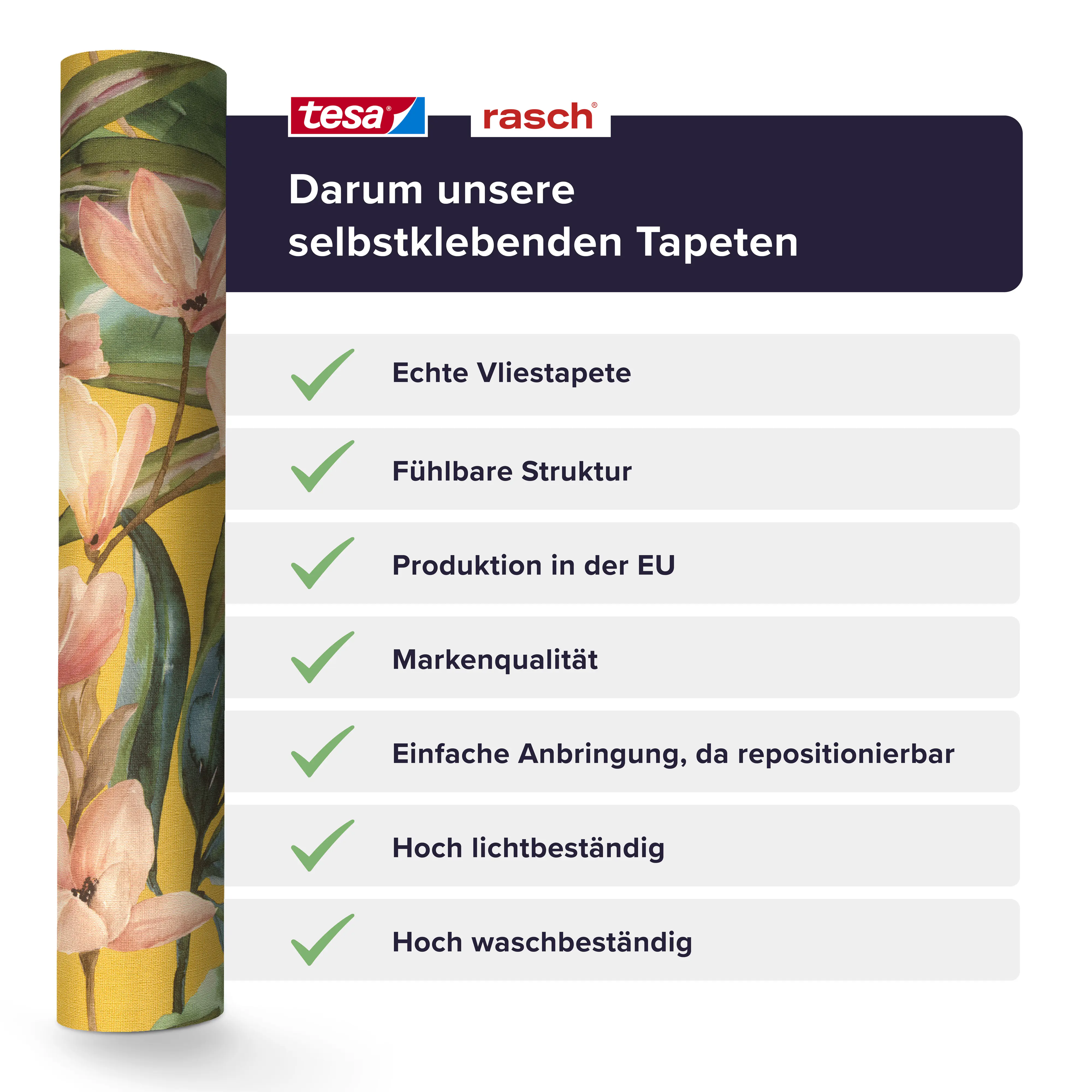 Tesa x Rasch selbstklebende Vliestapete Magnolia Blüten currygelb rosa 6 x 0,53 m