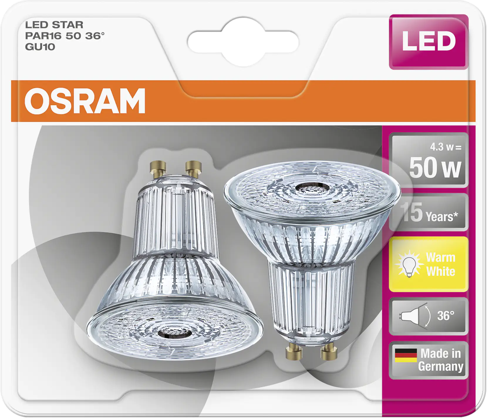 Osram LED Reflektor Star PAR16 50 GU10 4,3W 2er Pack warmweiß, klar