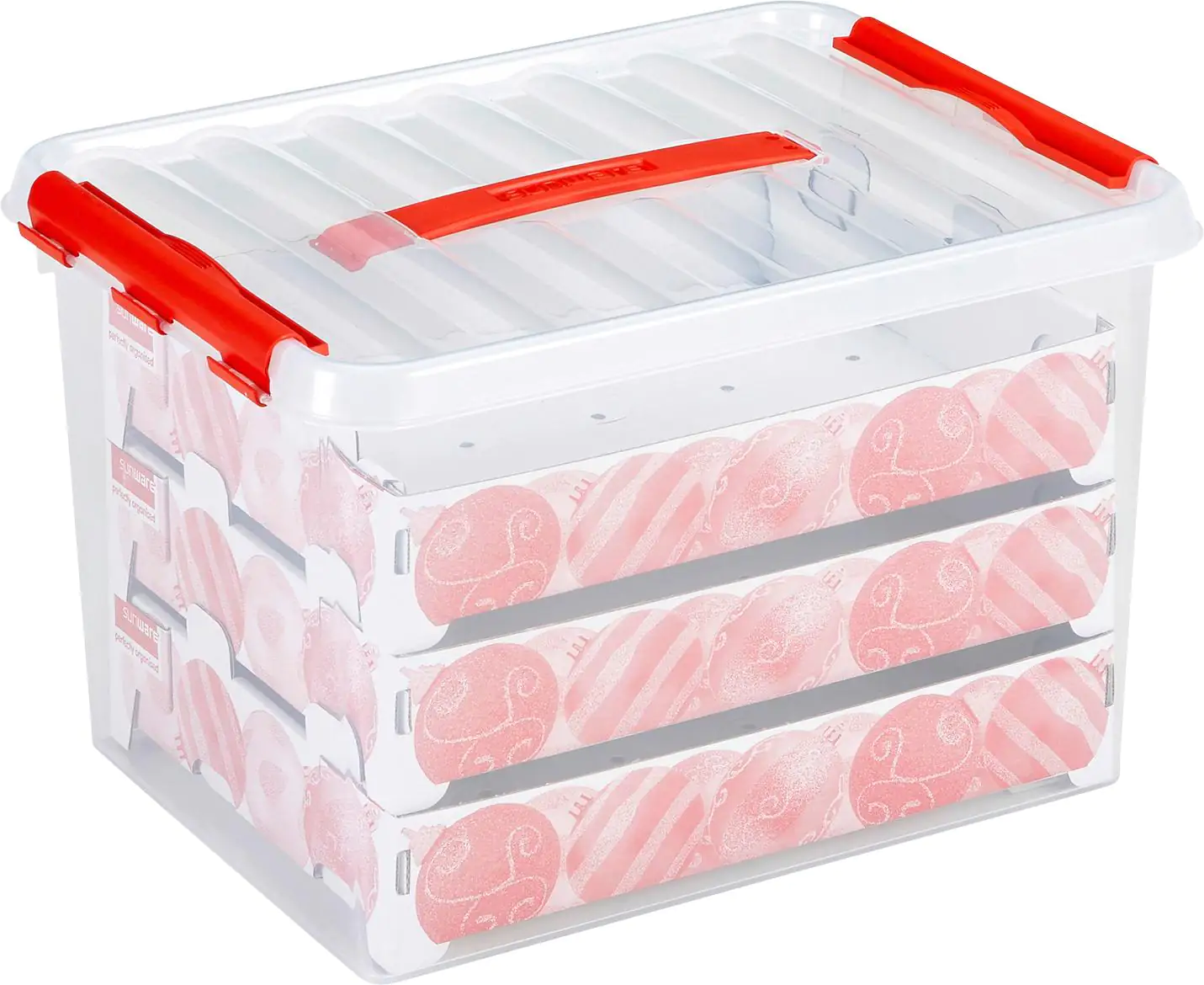 Sunware Weihnachtsbox Q-line 22L mit Einsatz für 60 Kugeln transparent rot