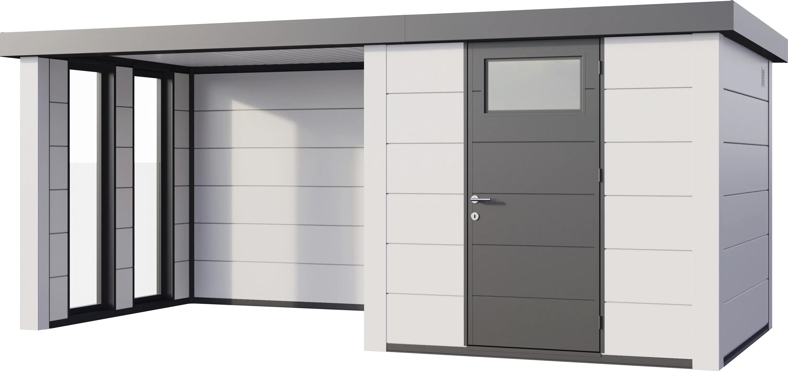 Telluria Gerätehaus Classico Lounge S mit Fenstern 2424 links EW weiß 522 x 238 cm