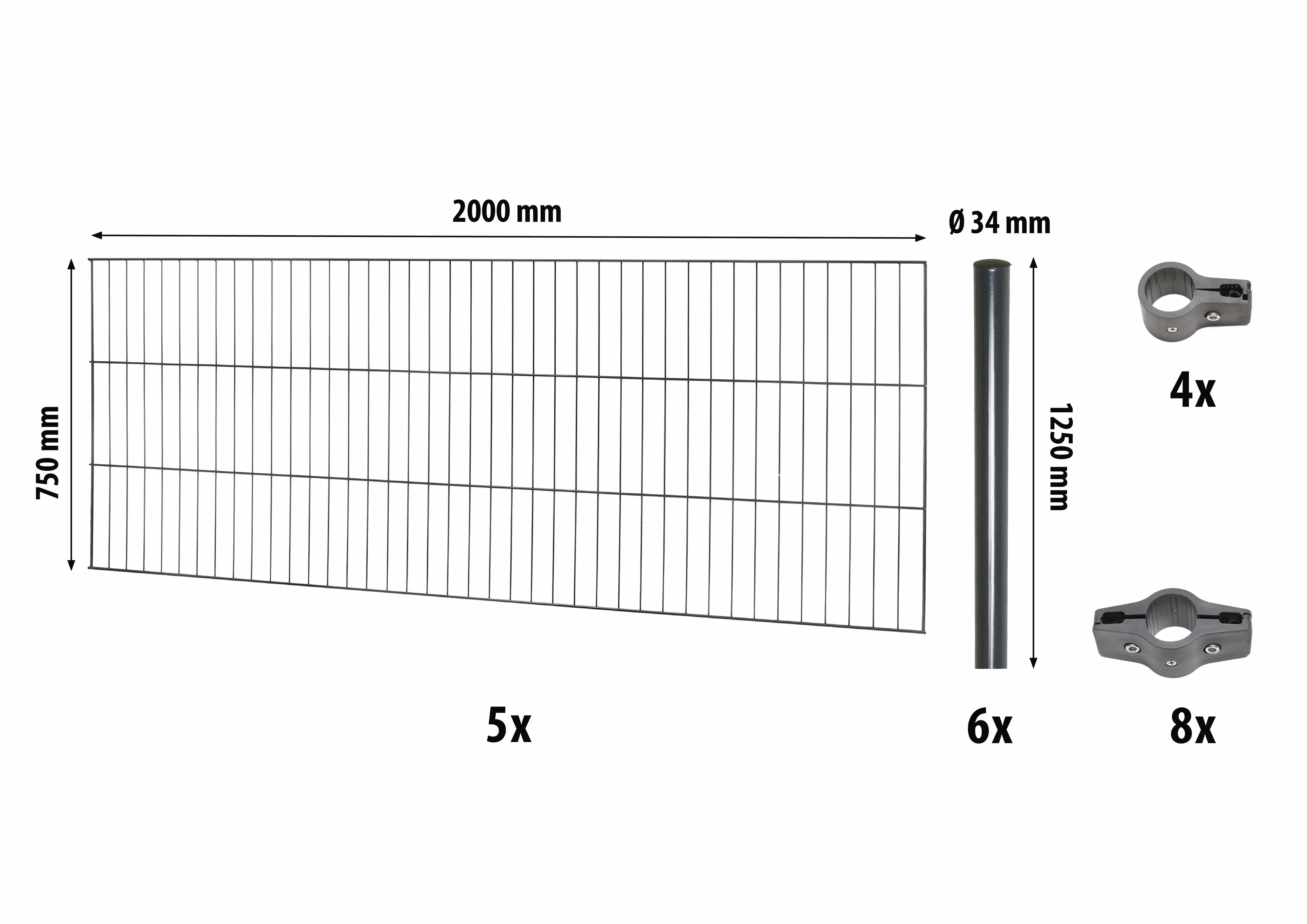 Floraworld Einstabmatten-Zaun Set Classic 10 m 200 x 75 cm inkl. 6 Pfosten 125 cm anthrazit
