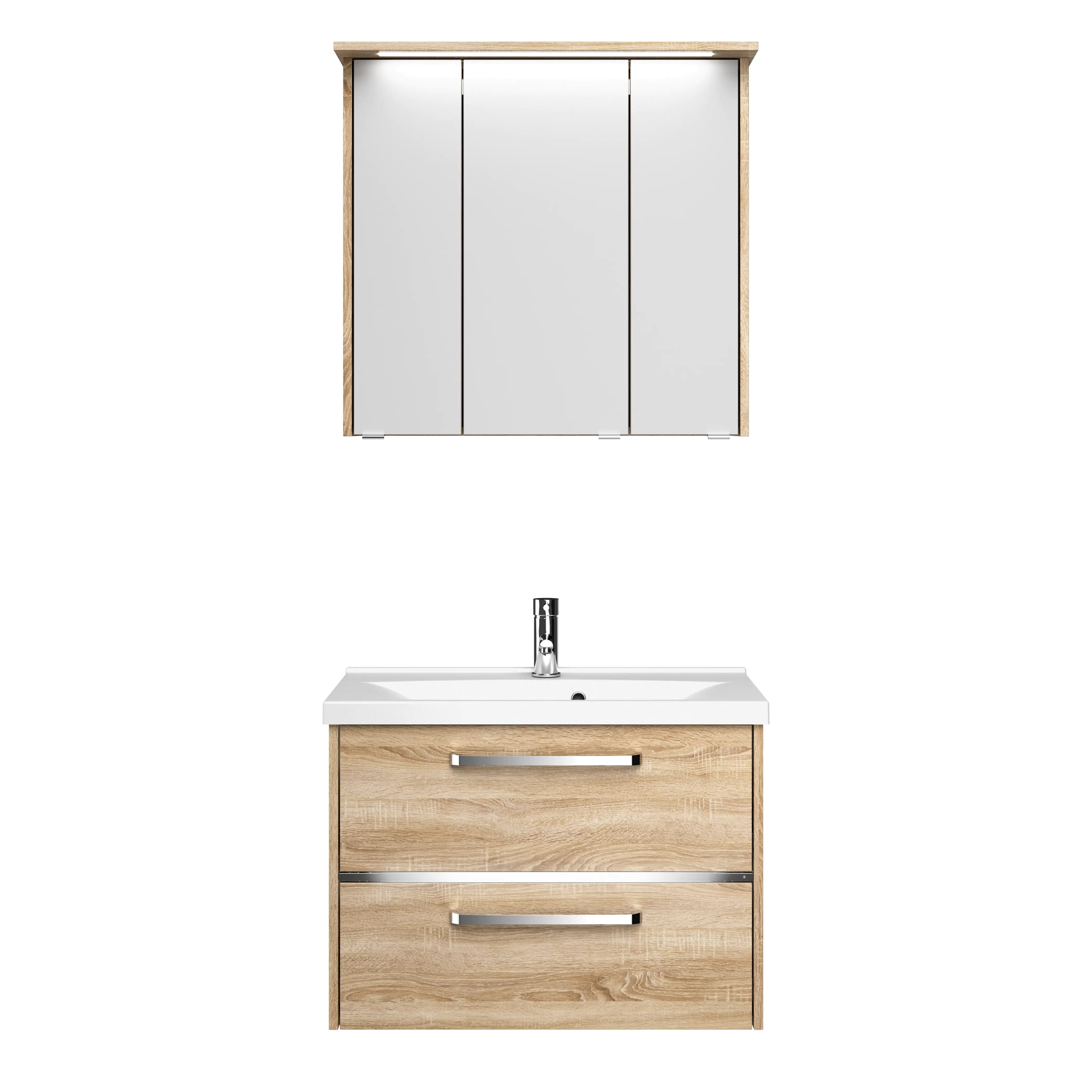 Primaster Badmöbelset Berlin eiche 77 cm Twin LED, Mineralgusswaschtisch