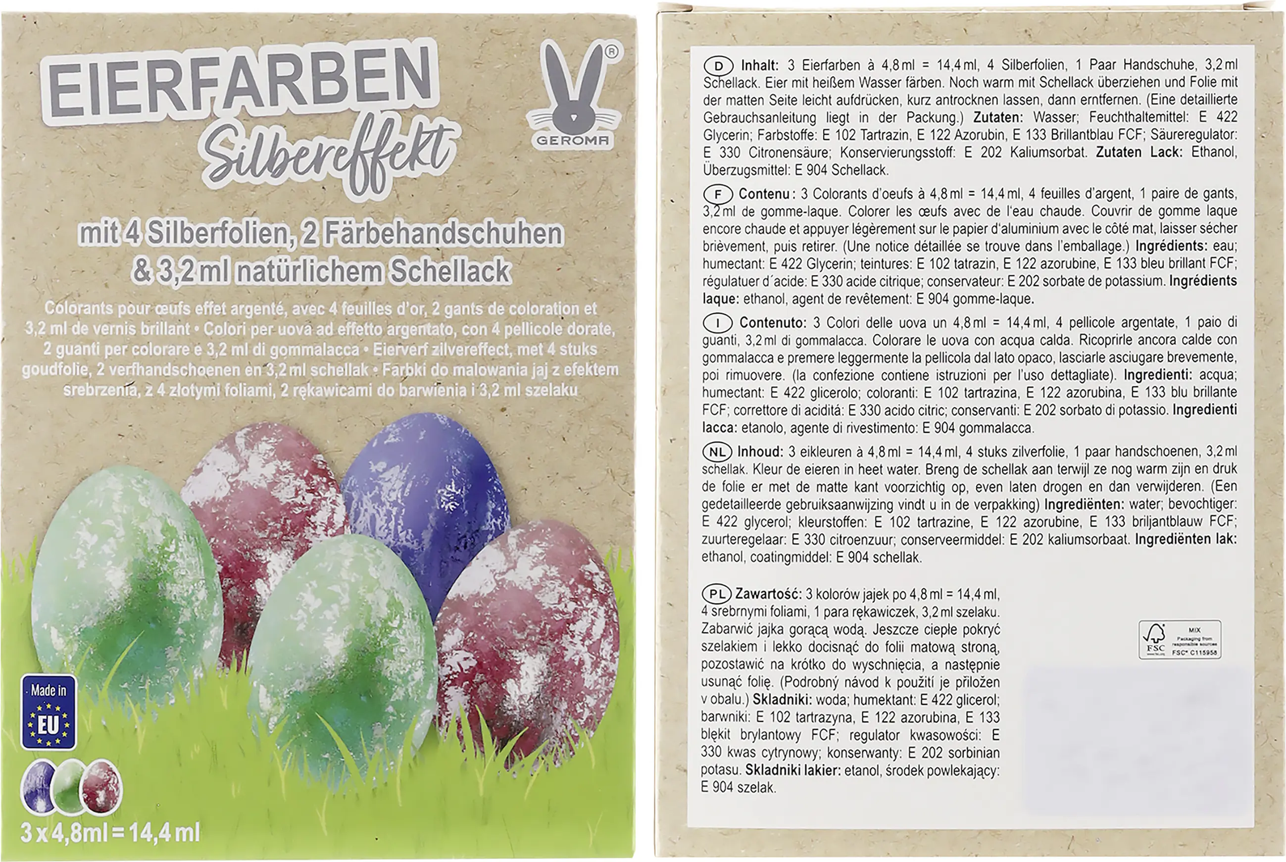 Eierfarben Silbereffekt 3 Farben mit Goldfolie, Schellack & Färbehandschuhe