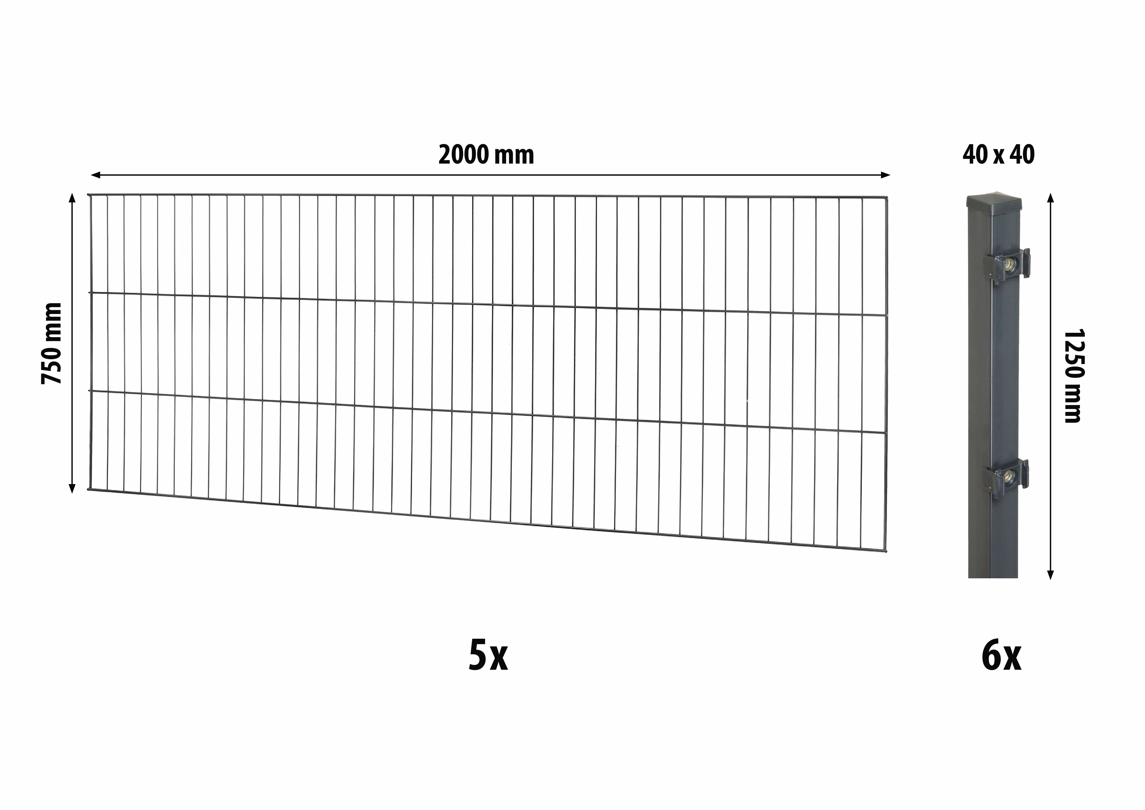 Floraworld Einstabmatten-Zaun Set Classic 10 m 200 x 75 cm inkl. 6 Pfosten 125 x 4 cm anthrazit