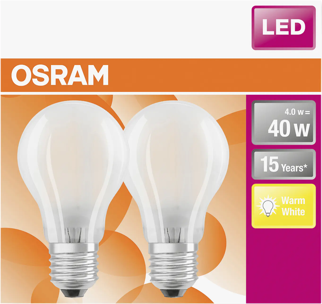 Osram LED Leuchtmittel Retrofit Clas A40 FR E27 4W 2er Pack warmweiß