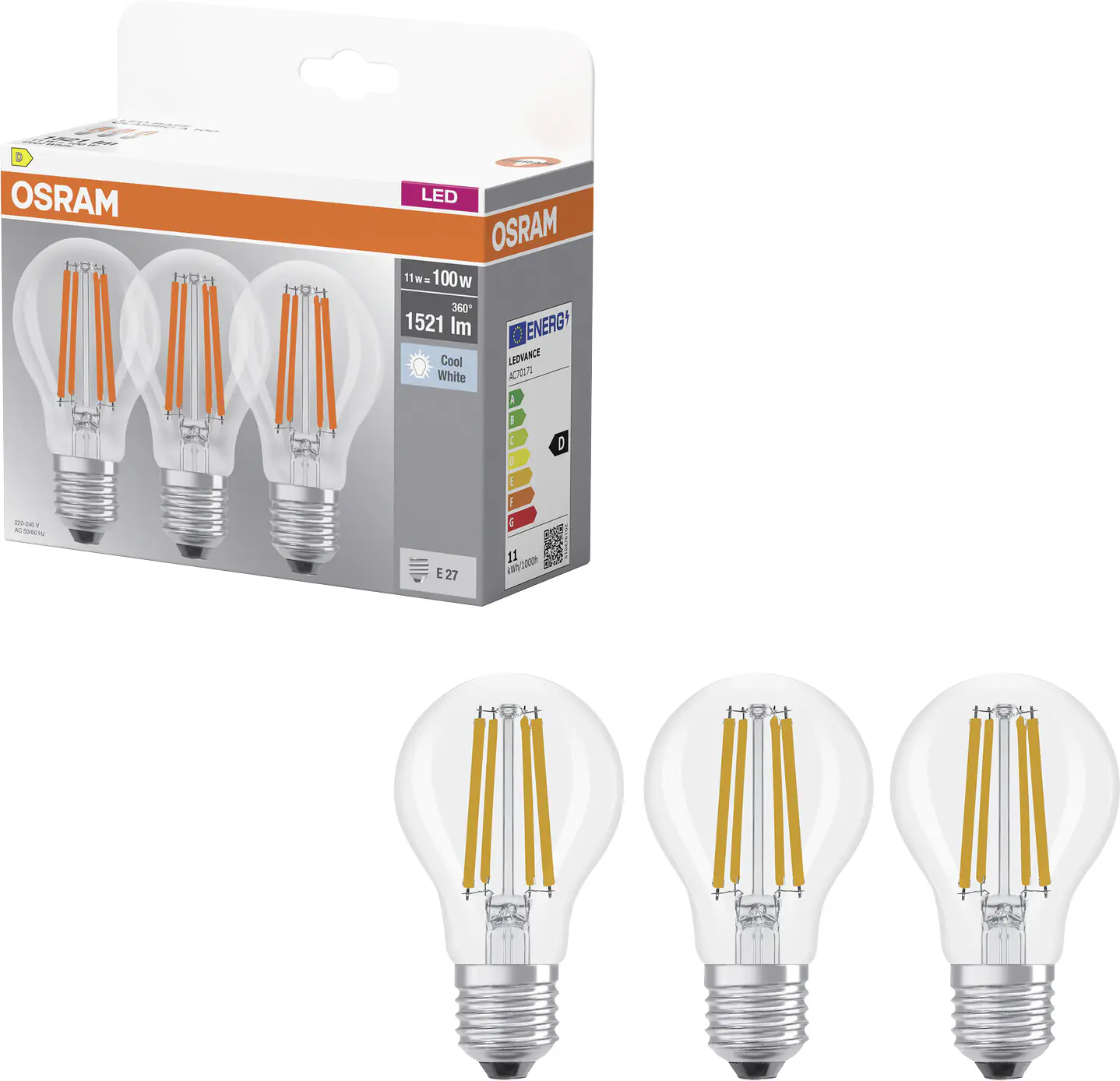 Osram LED Leuchtmittel E27 3er Pack Base Classic 11W klar kaltweiß