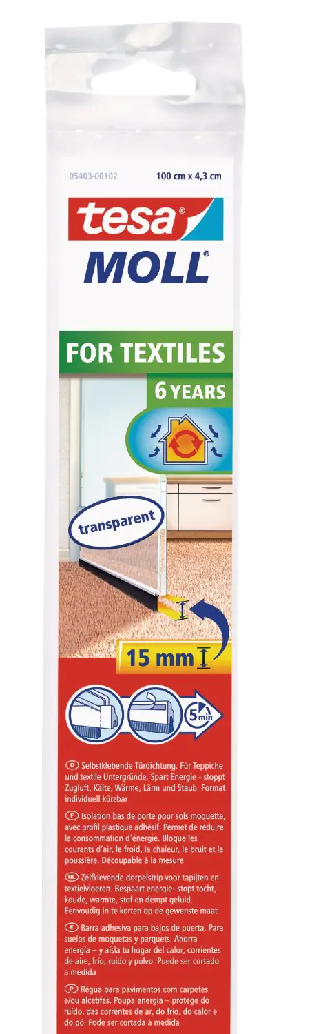 tesa Moll Türdichtschiene Standard weiß, für Textilböden, für Spalten bis 15 mm