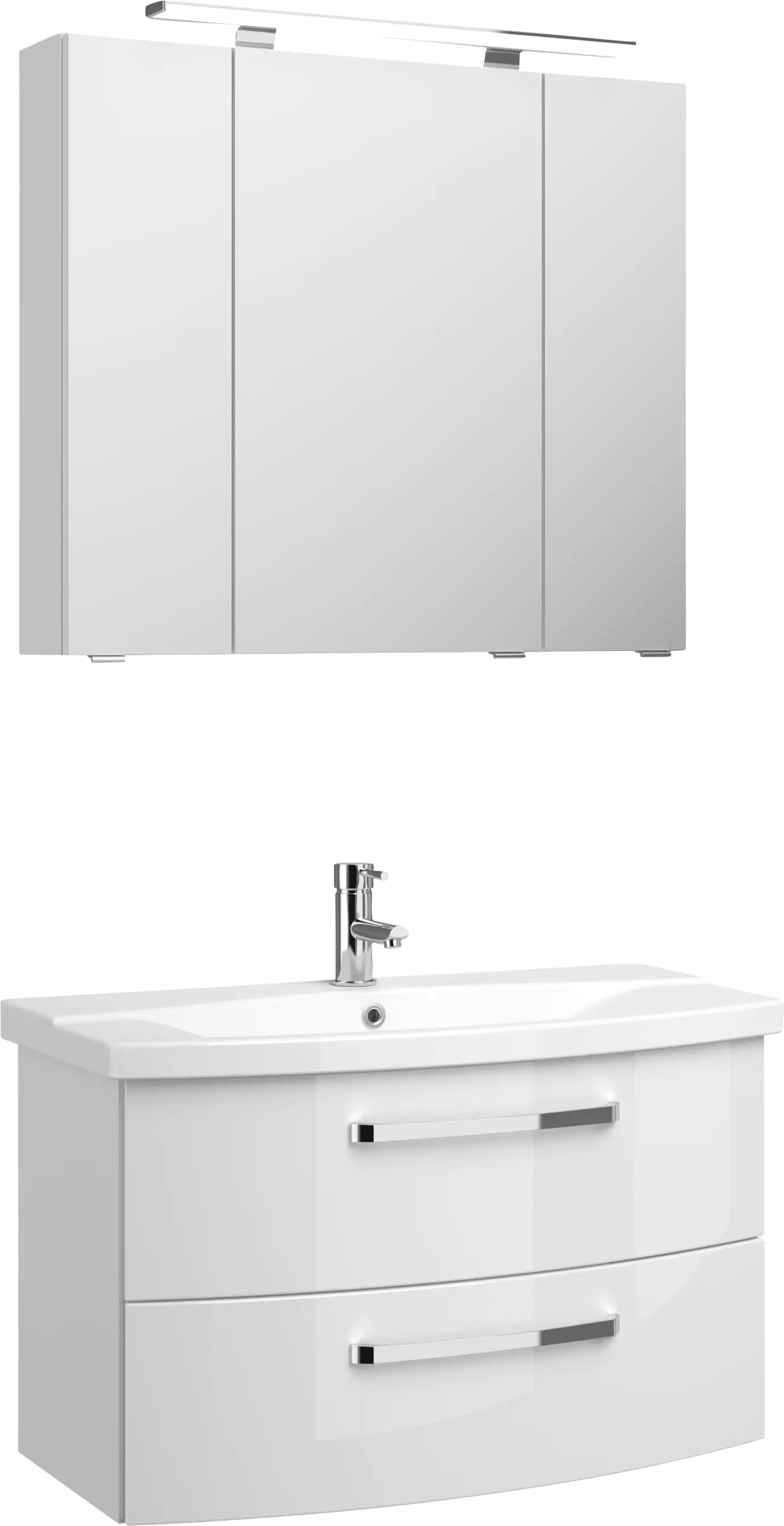 Pelipal Badmöbel-Set 4010 Weiß Hgl/Weiß Glanz mit Keramik-Waschtisch + LED-Leuchte 84 cm