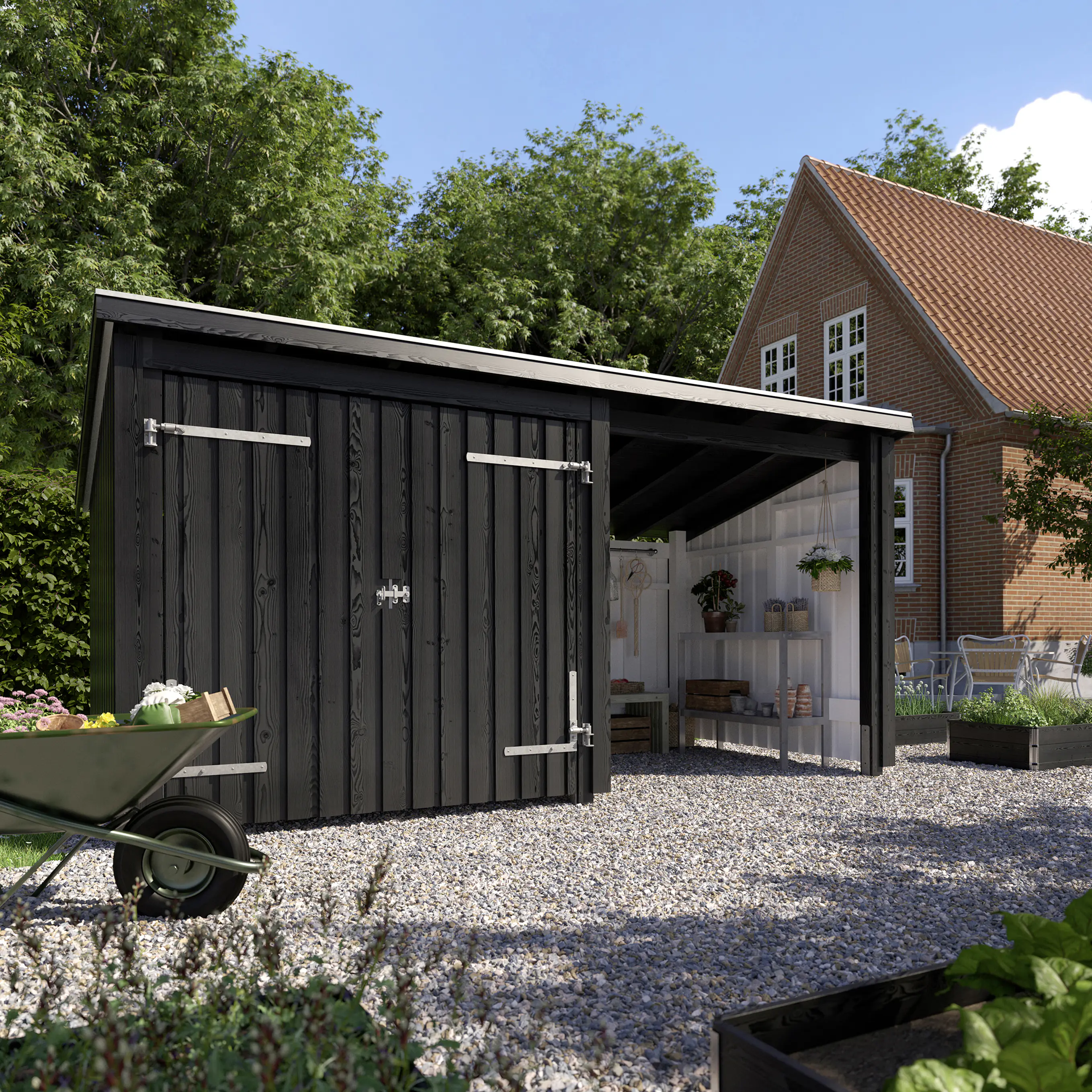 Plus Gartenhaus Nordic Multi 416 x 208 cm natur mit Doppeltür, offen, Dachpappe