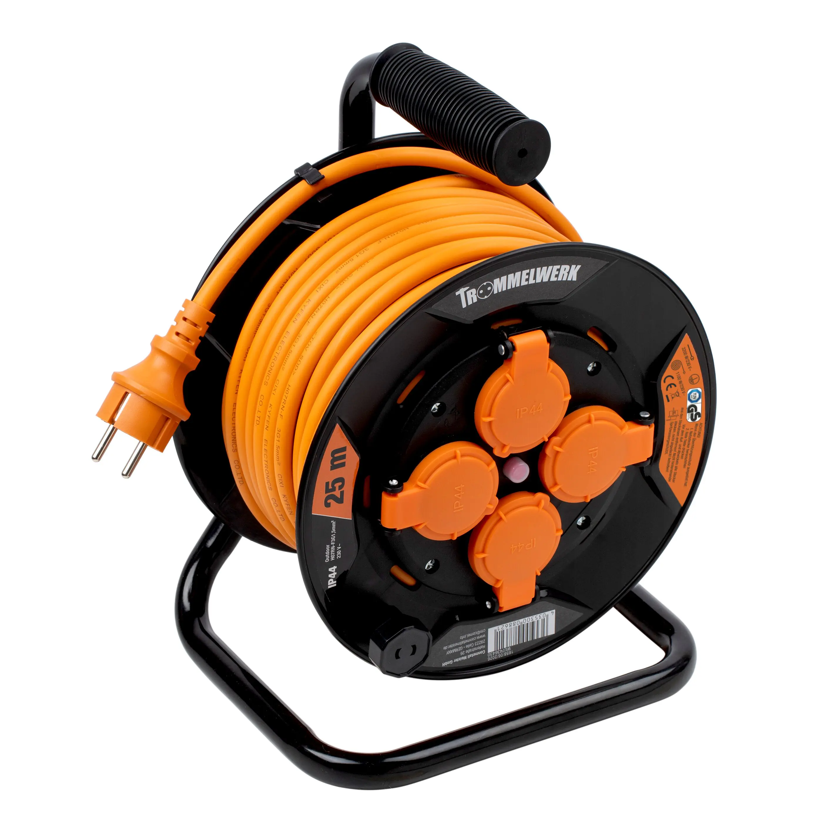 Trommelwerk Kabeltrommel Außen 25m H07RN-F3G1,5m orange 4x Schutzkontaktstecker