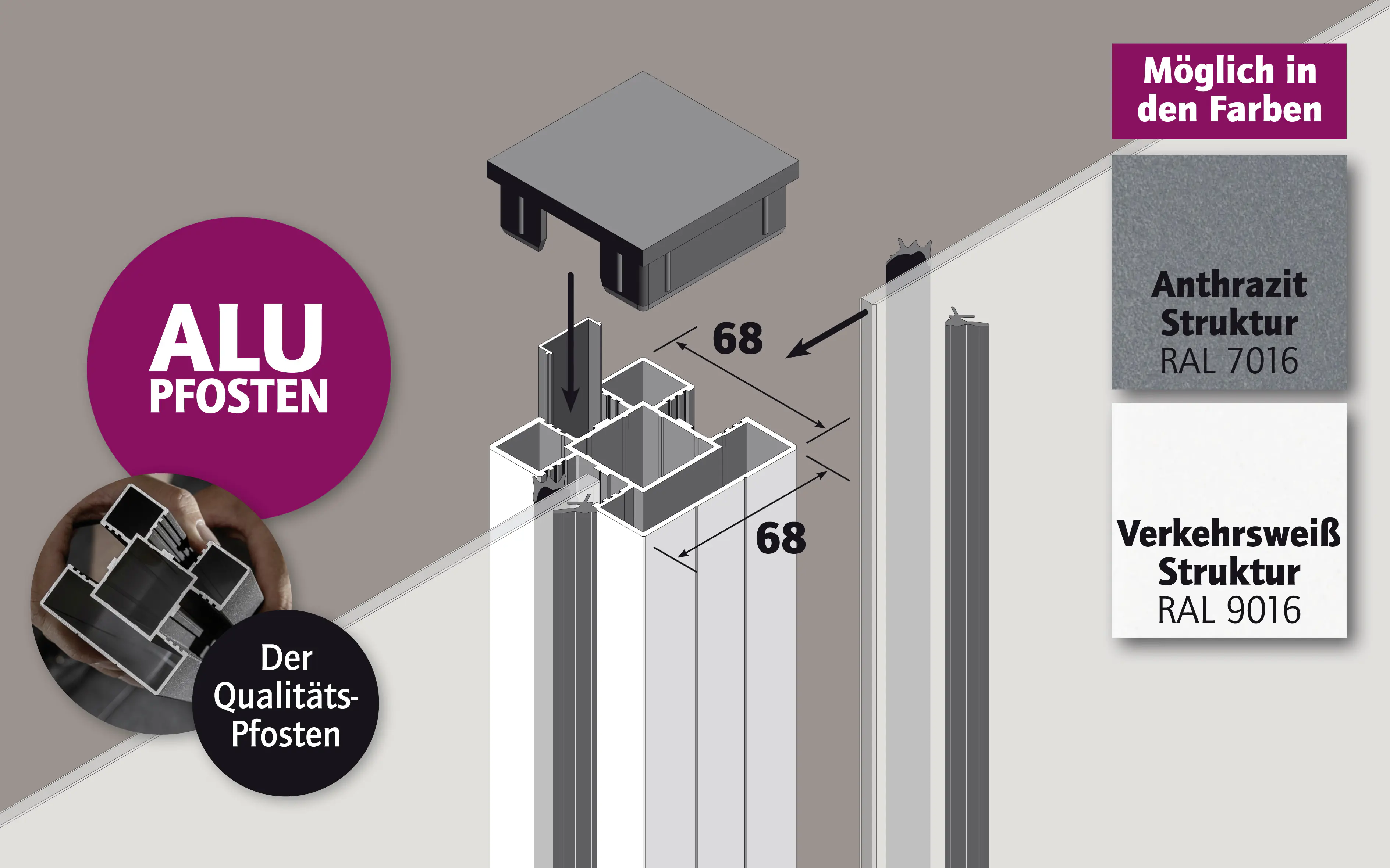 Ambiente Aluminium-Pfosten 127 cm, 68 x 68 mm, Verkehrsweiß Struktur 9016