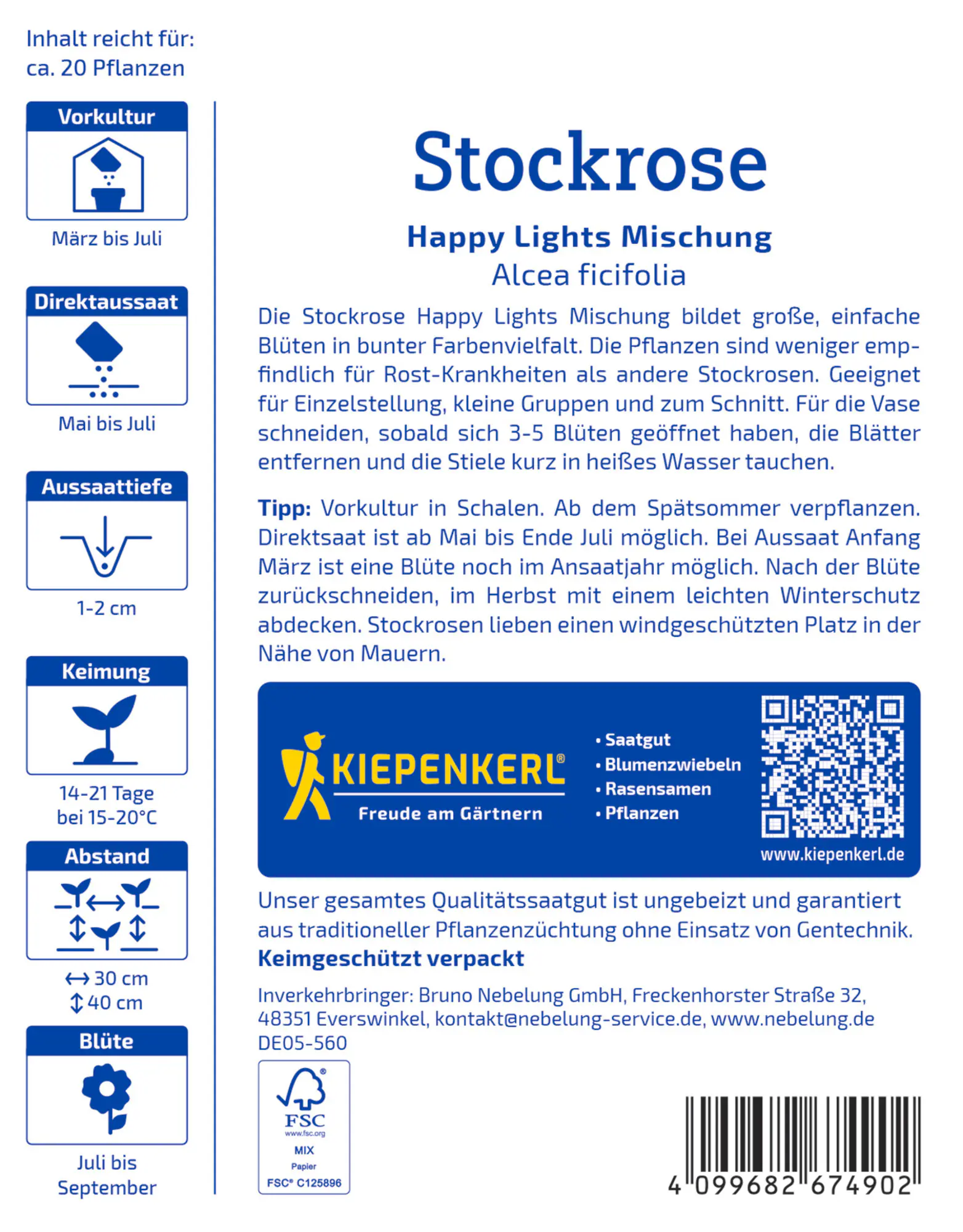 Kiepenkerl Profi-Line Saatgut Stockrosen Happy Lights Mischung für ca. 20 Pflanzen