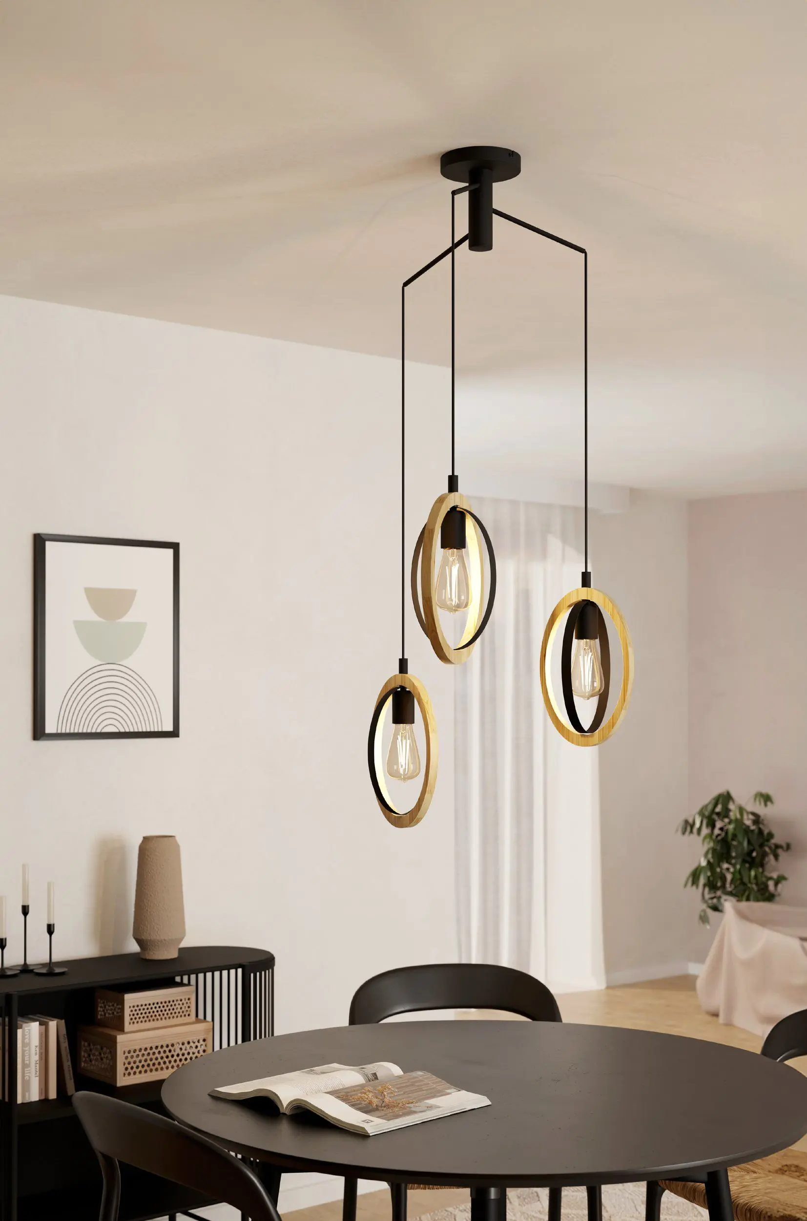 Eglo 3er Pendelleuchte Basildon schwarz-braun Ø 61,5 cm E27, max. 60 W