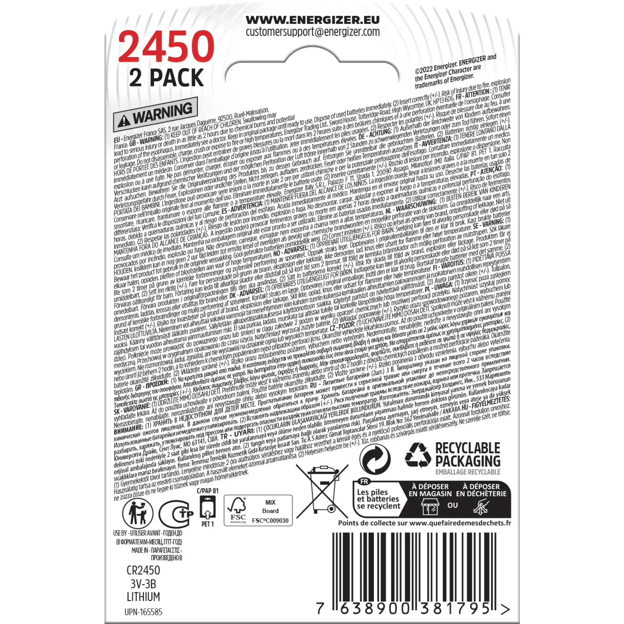 Energizer Knopfzelle CR 2450 Lithium, 3 V, 2er Pack