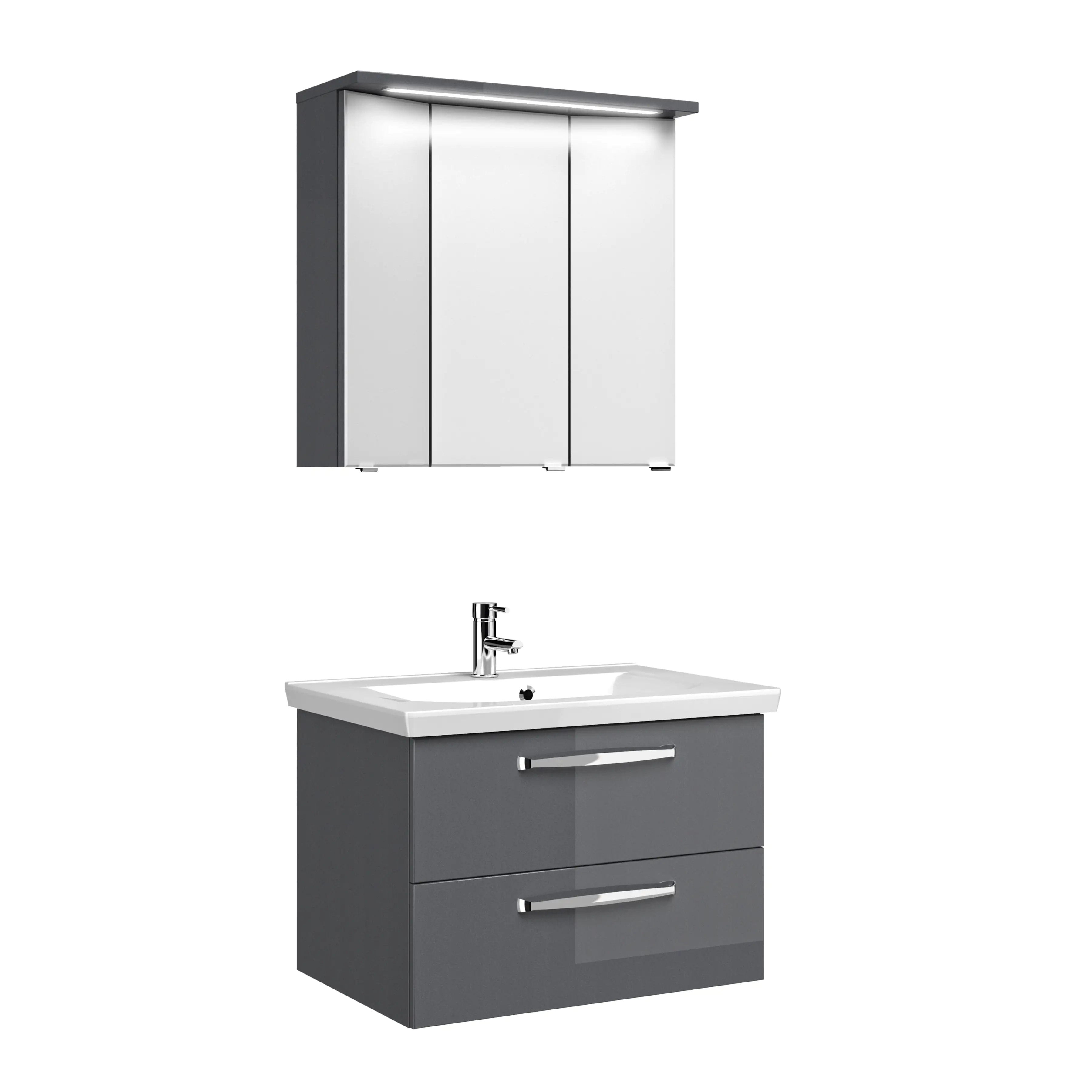 Pelipal Badmöbel-Set Trentino Anthrazit Hgl mit Mineralmarmor-Waschtisch + Kranz-Leuchte 80 cm