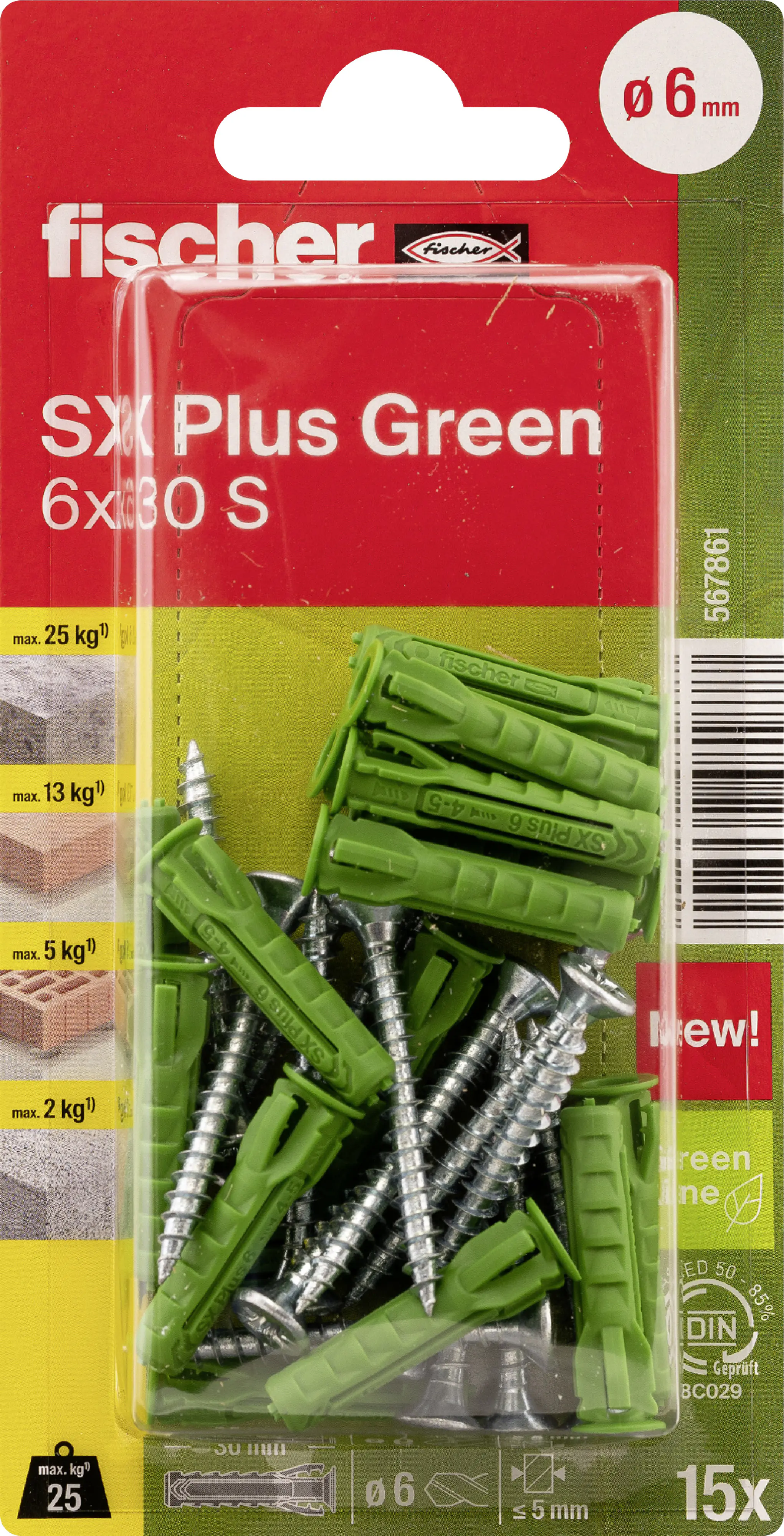 Fischer Spreizdübel mit Schrauben SX Plus Green 6.0 x 30 mm - 15 Stück