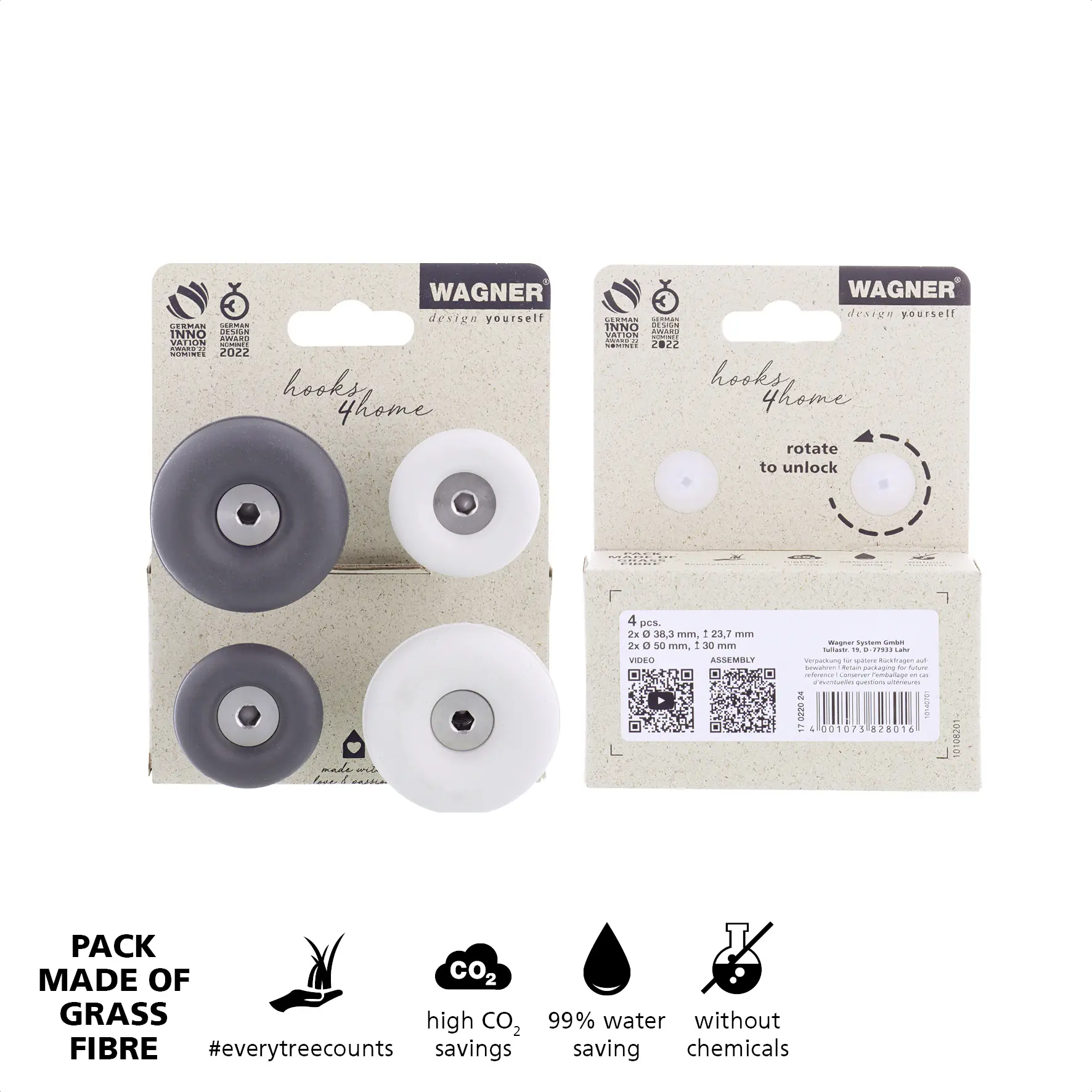 Wagner Wandhaken-Set hooks4home Dot Tragkraft bis 2 kg Kunststoff schiefergrau weiß 4 Stück