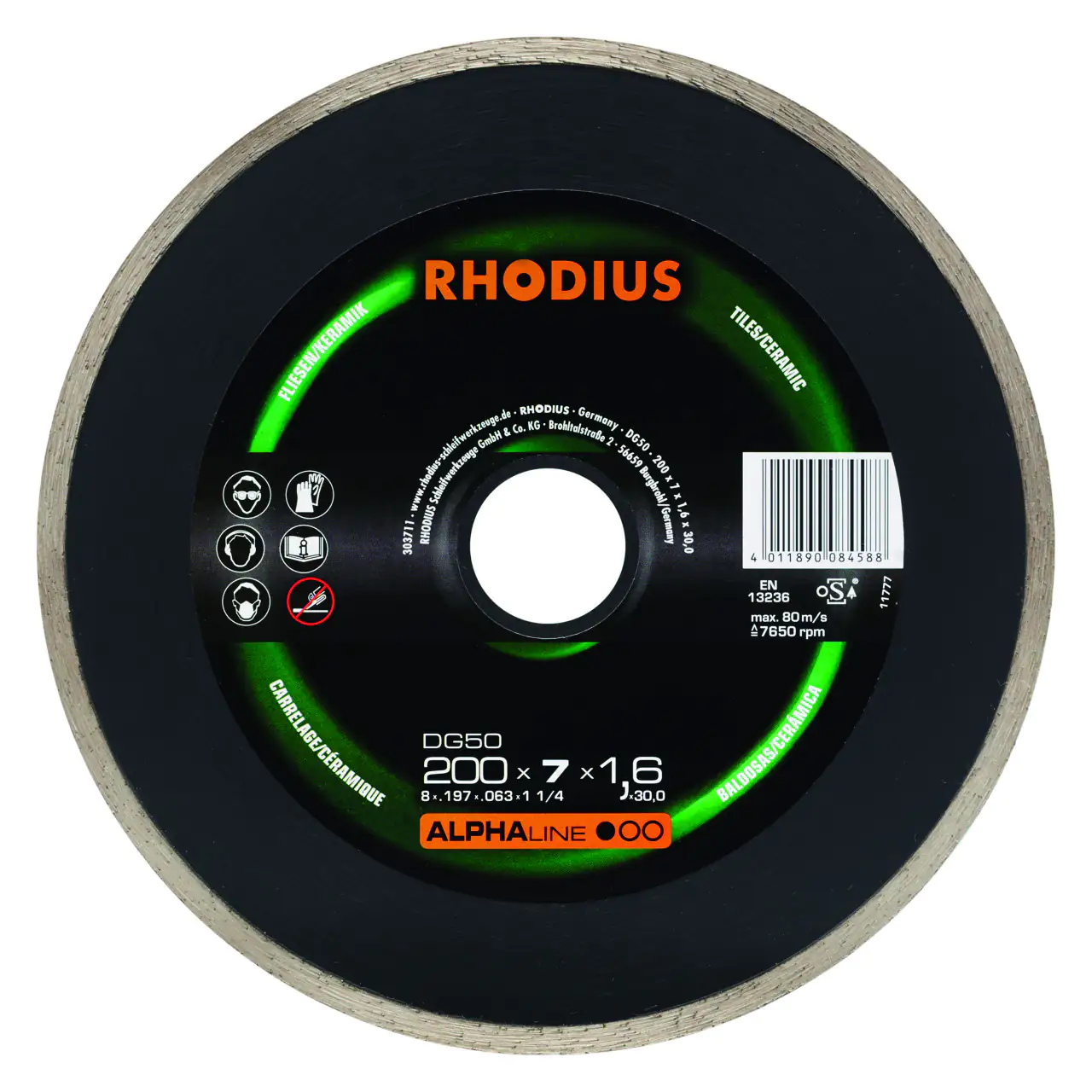 Rhodius Diamanttrennscheibe DG50 Fliesen Ø 200 mm Bohrung 30 mm