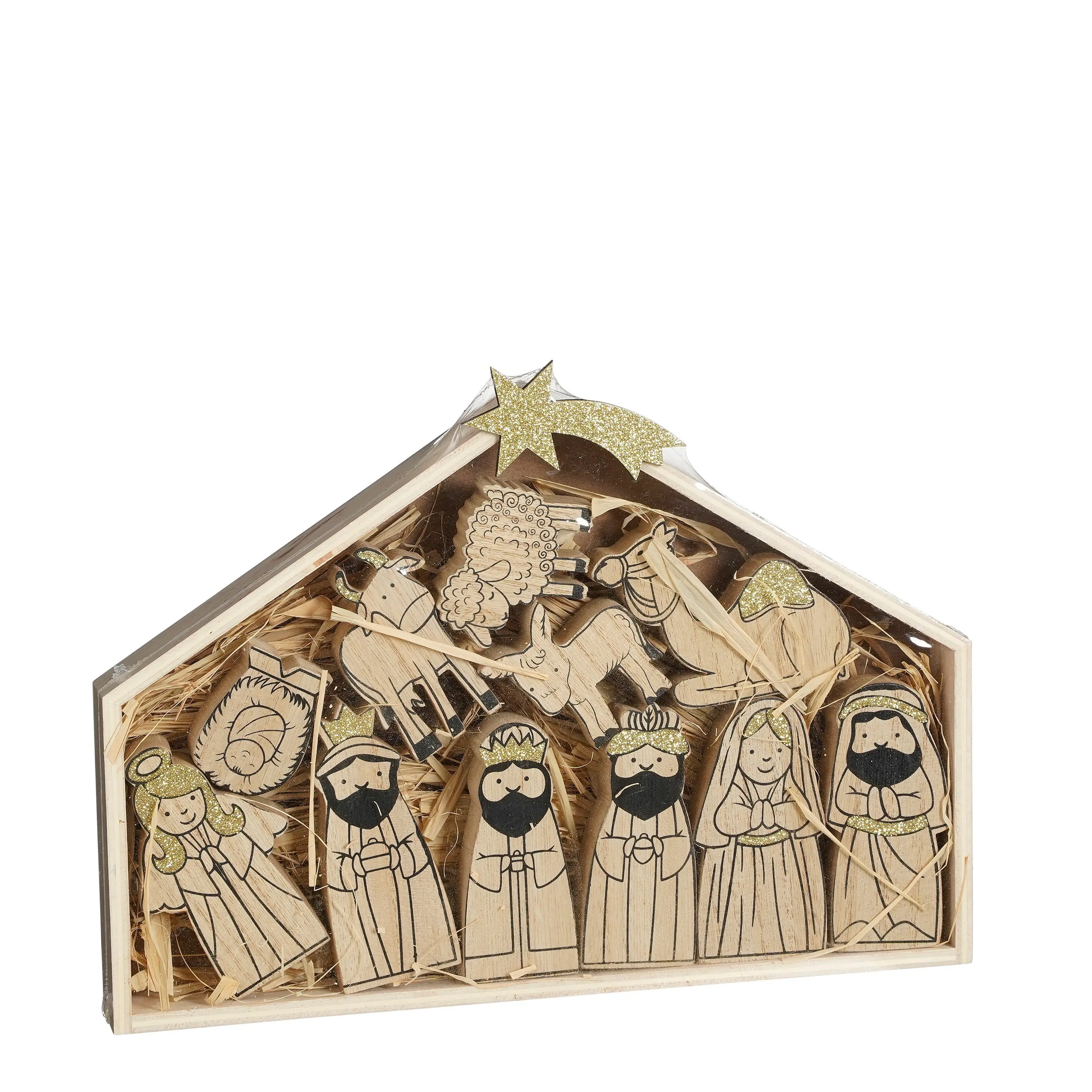 Mica Decorations Weihnachtsgrippe aus Holz Christstall 22 cm braun
