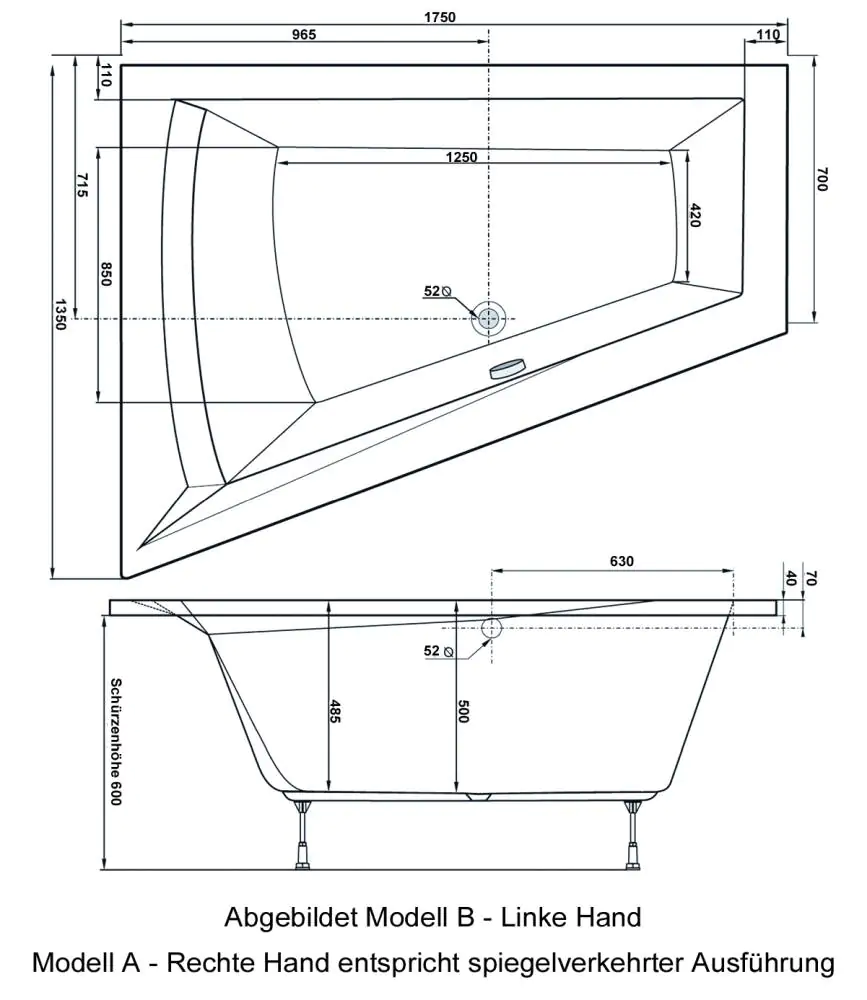Ottofond Badewanne Galia II 175 x 135 x 70 cm, weiß, Modell B