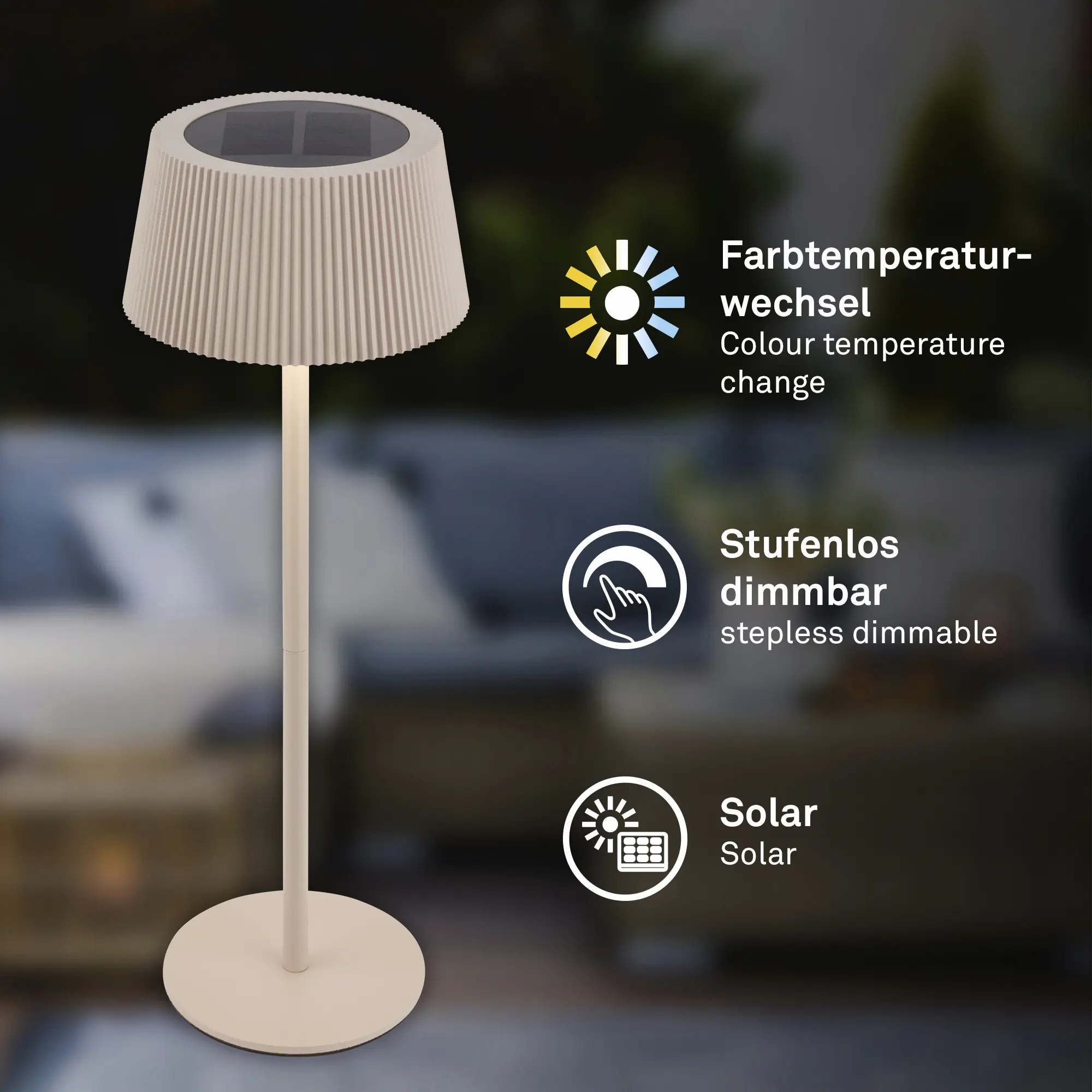 Briloner LED Solar-Tischleuchte Alia Ø 12 x 34 cm warmweiß-kaltweiß beige dimmbar