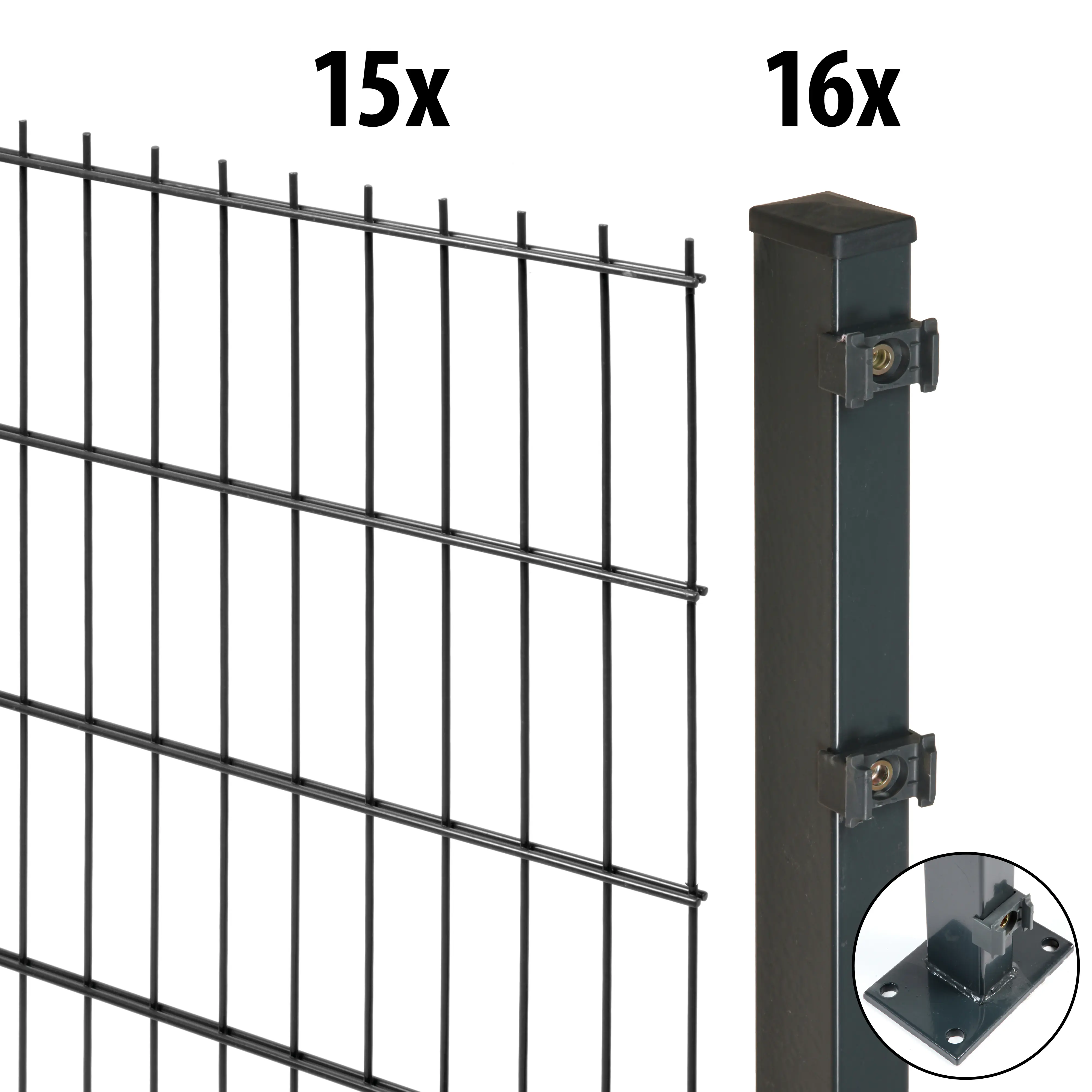 Floraworld Doppelstabmatten-Zaun Set Comfort 30 m 201 x 103 cm mit Bodenplatte & 16 Pfosten 109 cm anthrazit