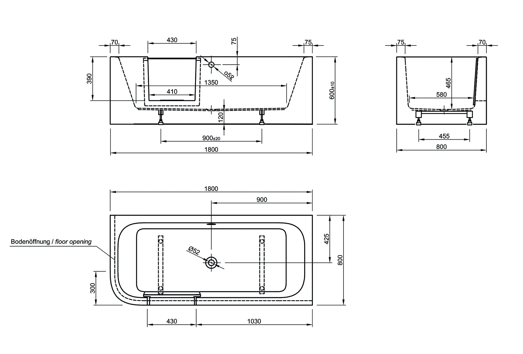 Ottofond Badewanne barrierefrei 180 x 80 cm links weiß