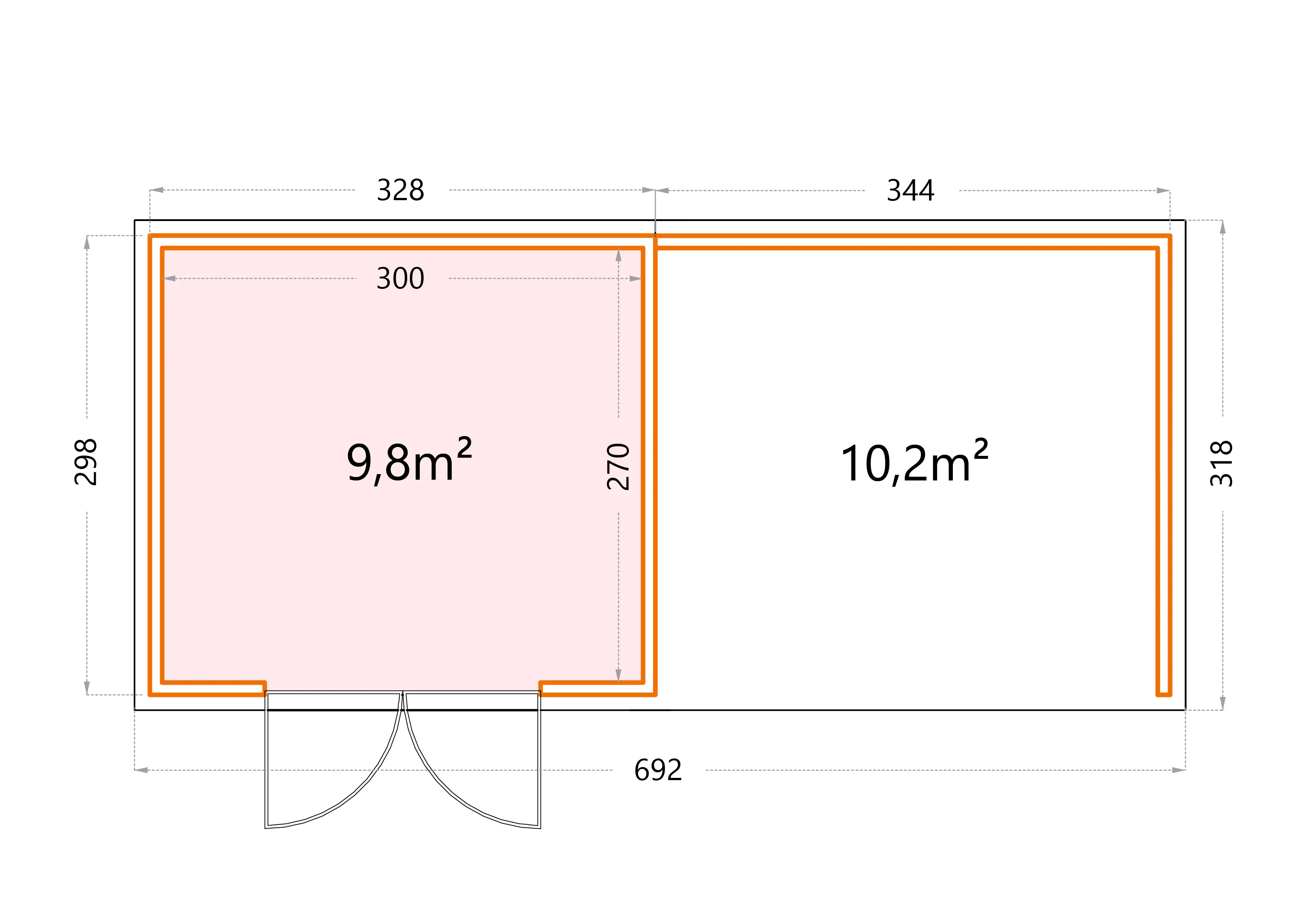 Telluria Gerätehaus Classico Lounge L 3330 rechts lichtgrau 672 x 298 cm