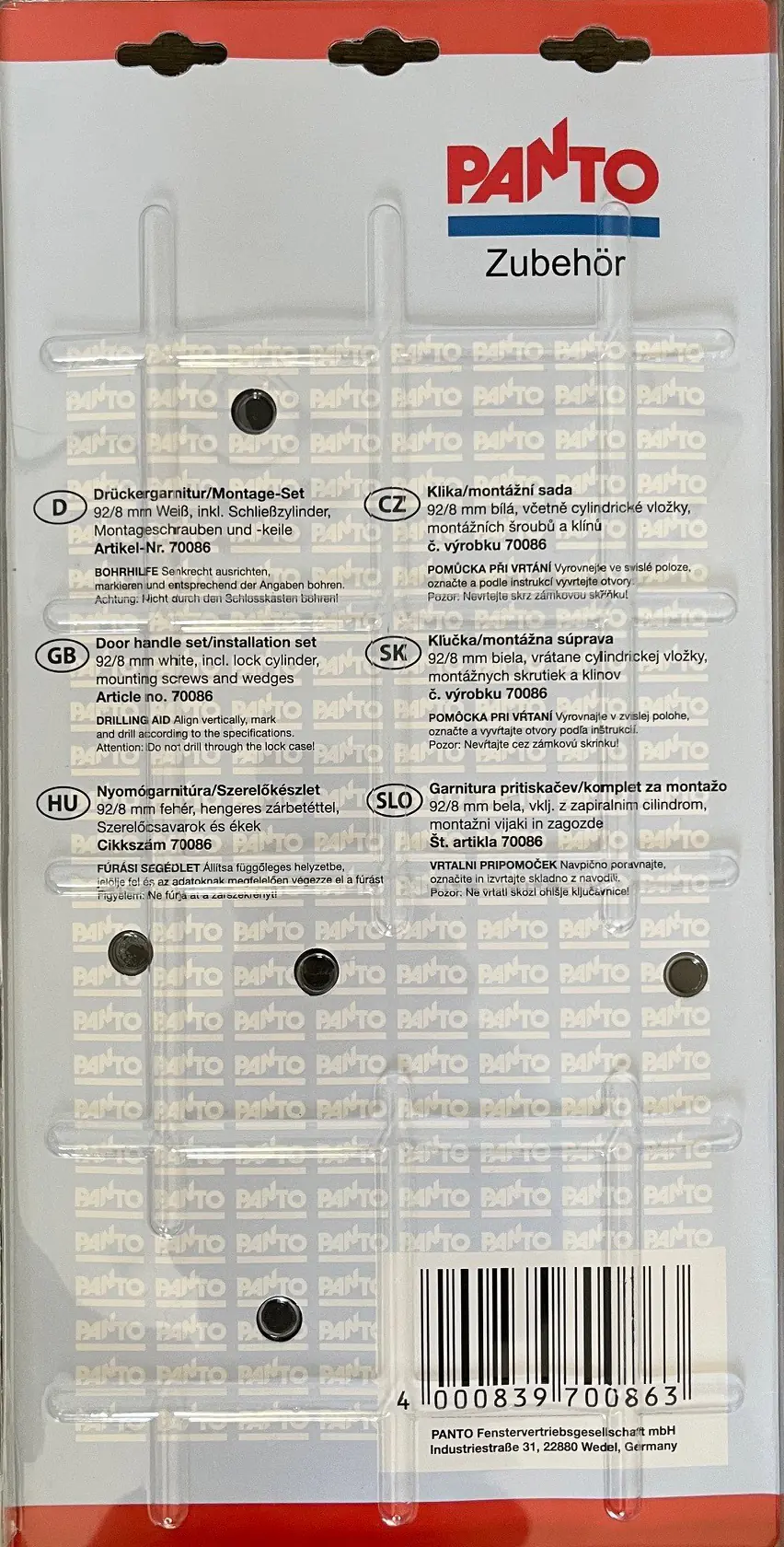 Panto Drückergarnitur 92/8 mm weiß inkl. Zylinder und Montageset