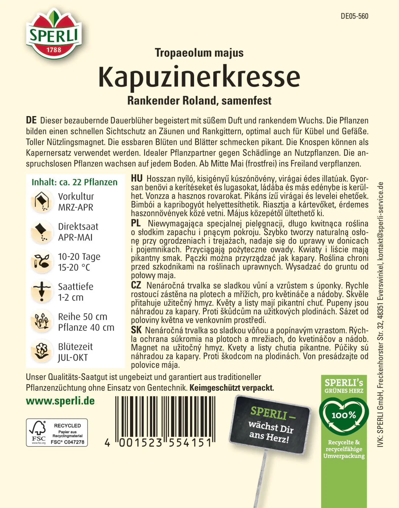 Sperli Saatgut Kapuzinerkresse Rankender Roland für ca. 22 Pflanzen