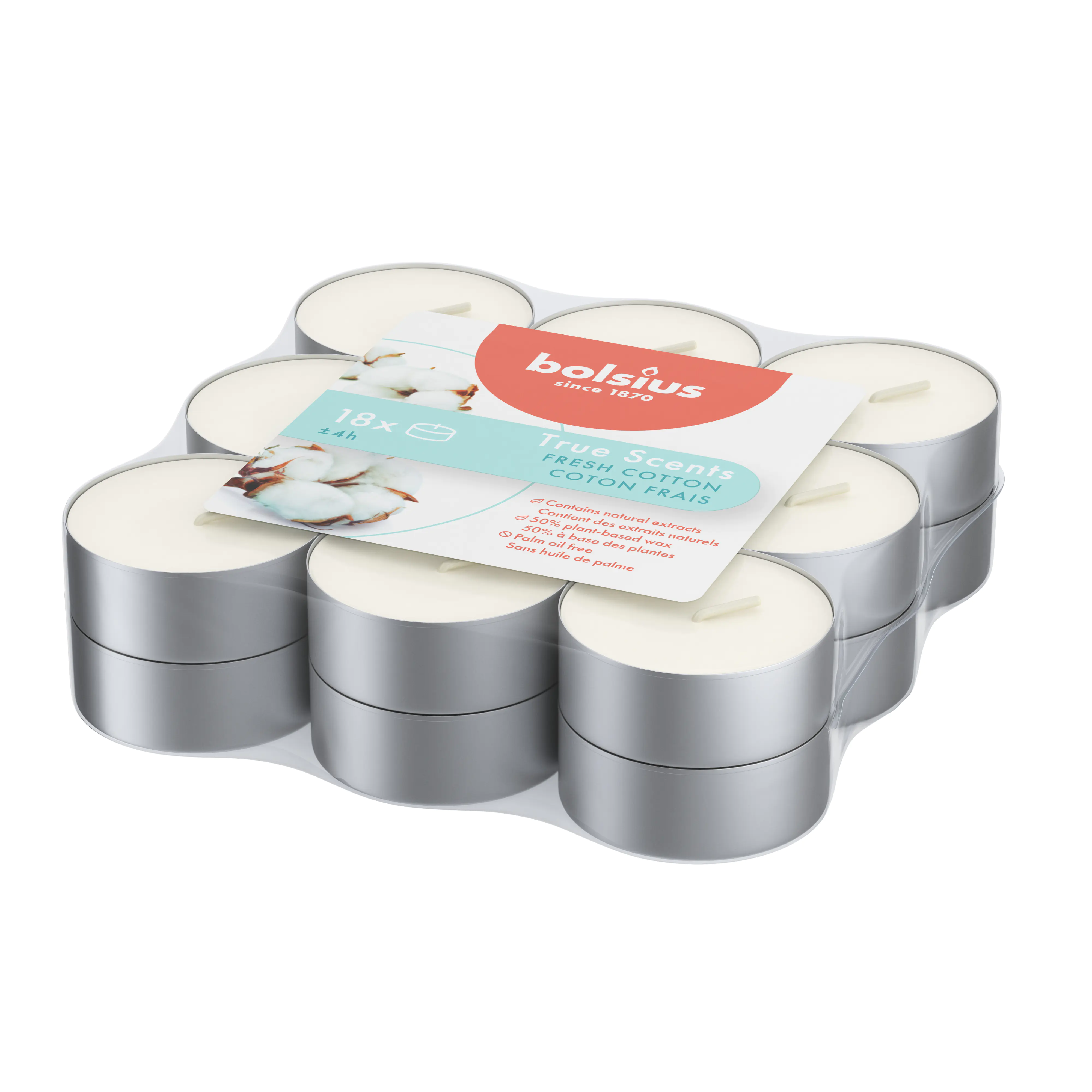 Bolsius Duft-Teelichte Alu 4 Stunden 18er Pack True Scents Fresh Cotton