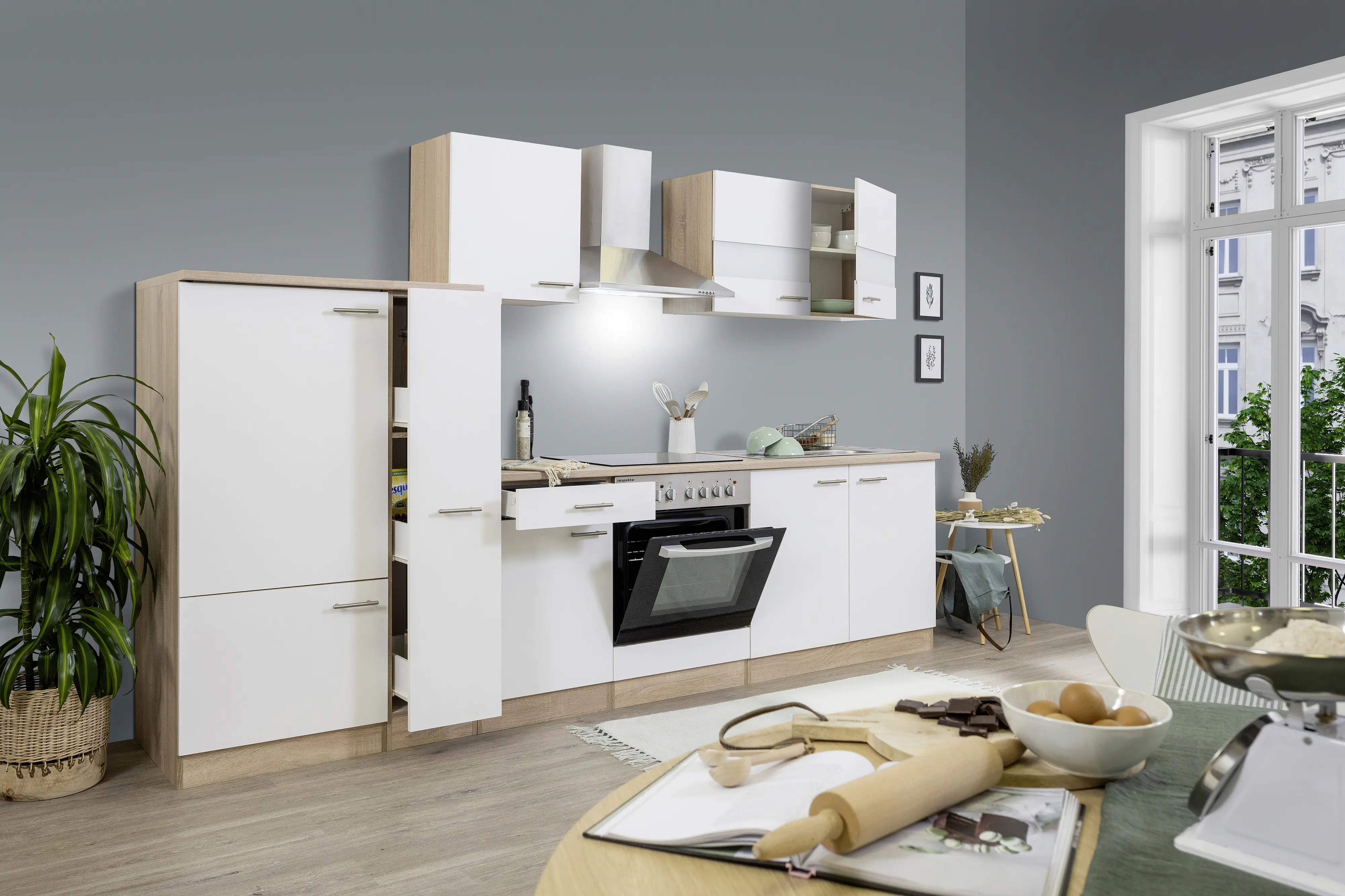 Respekta Economy Küchenblock 300 cm weiß, Eiche Sonoma, KB300ESWC