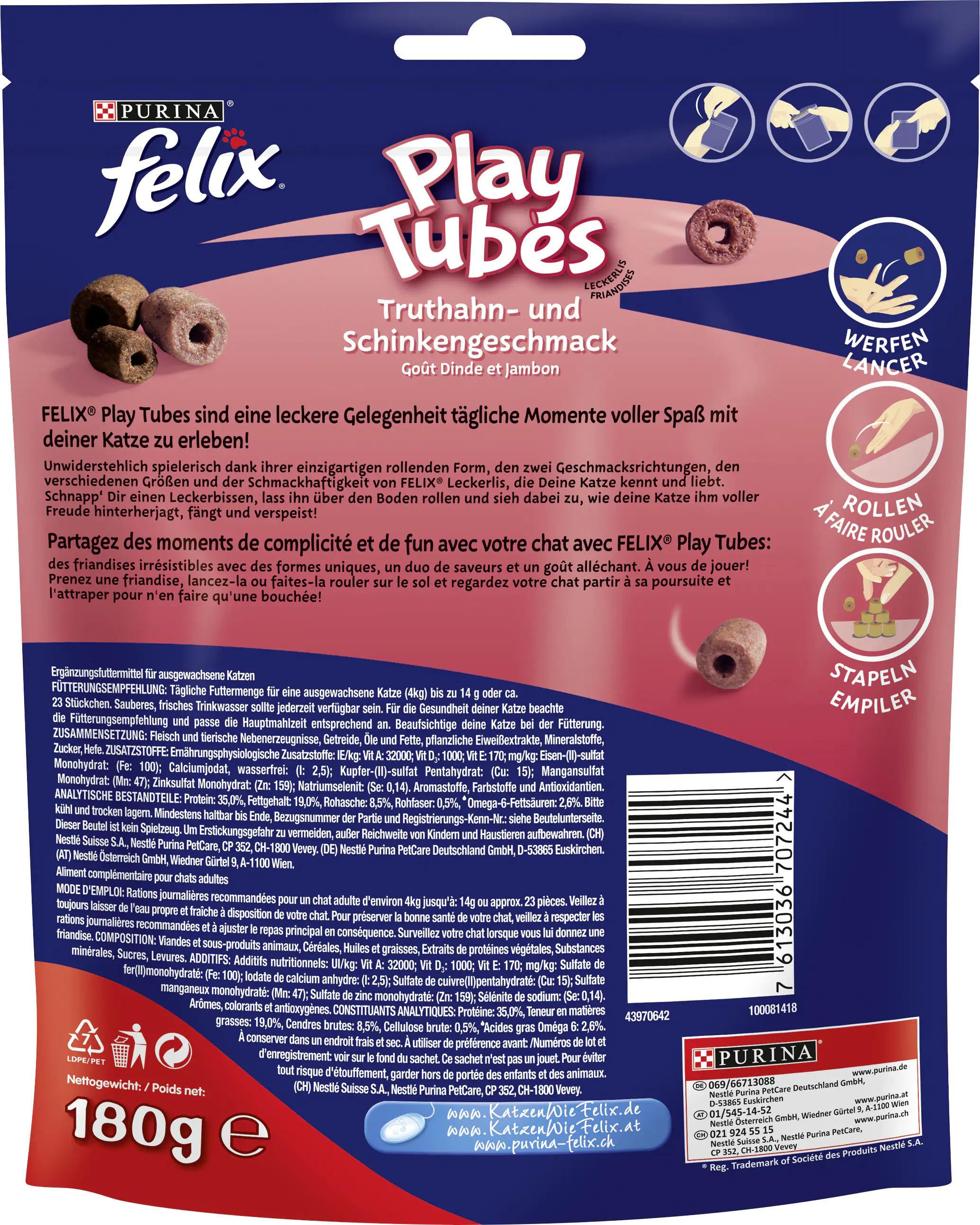 Felix Play Tubes Truthahn Schinken Katzensnacks 180g