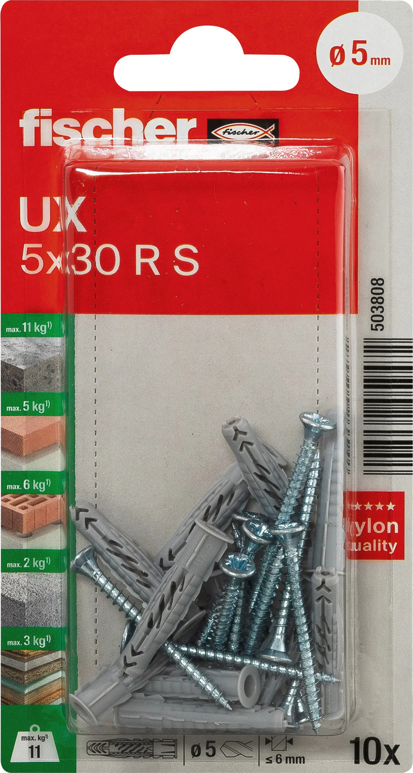 Fischer Universaldübel UX 5 x 30 mm mit Rand & Schraube - 10 Stück