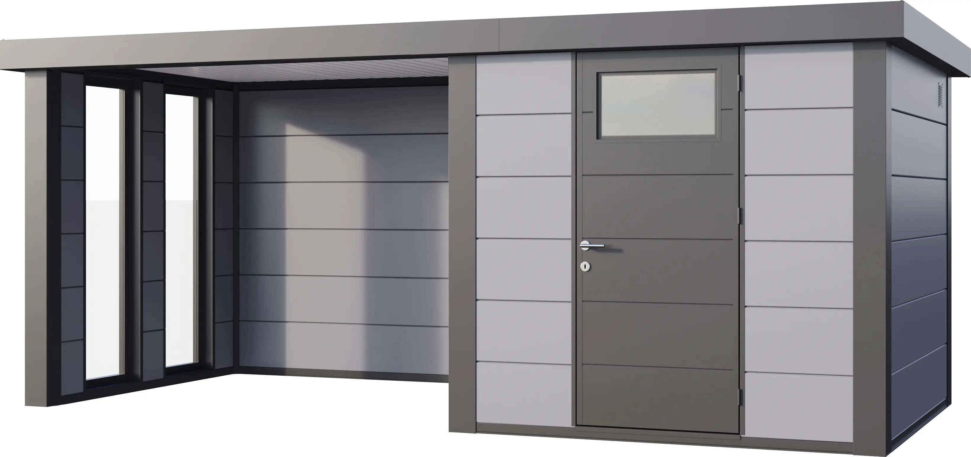 Telluria Gerätehaus Classico Lounge S mit Fenstern 2424 links lichtgrau 522 x 238 cm