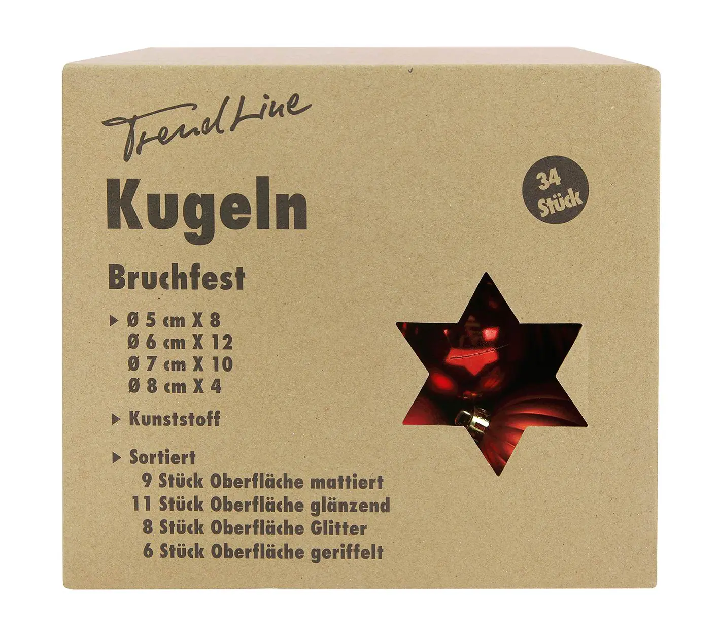 TrendLine Weihnachtskugeln bruchfest, langlebig Ø 5 - 8 cm rot 34 Stück