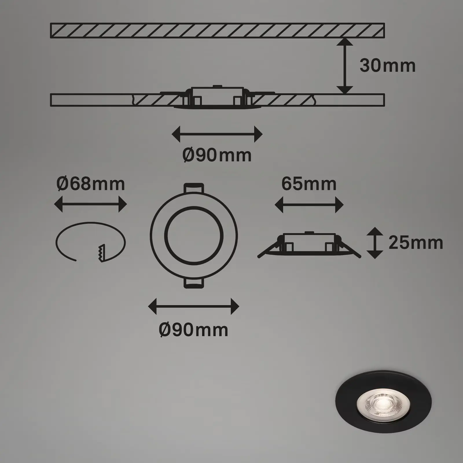 Briloner LED-Einbauleuchten Kulana 4er Set Mini 4,9W 480lm schwarz-matt