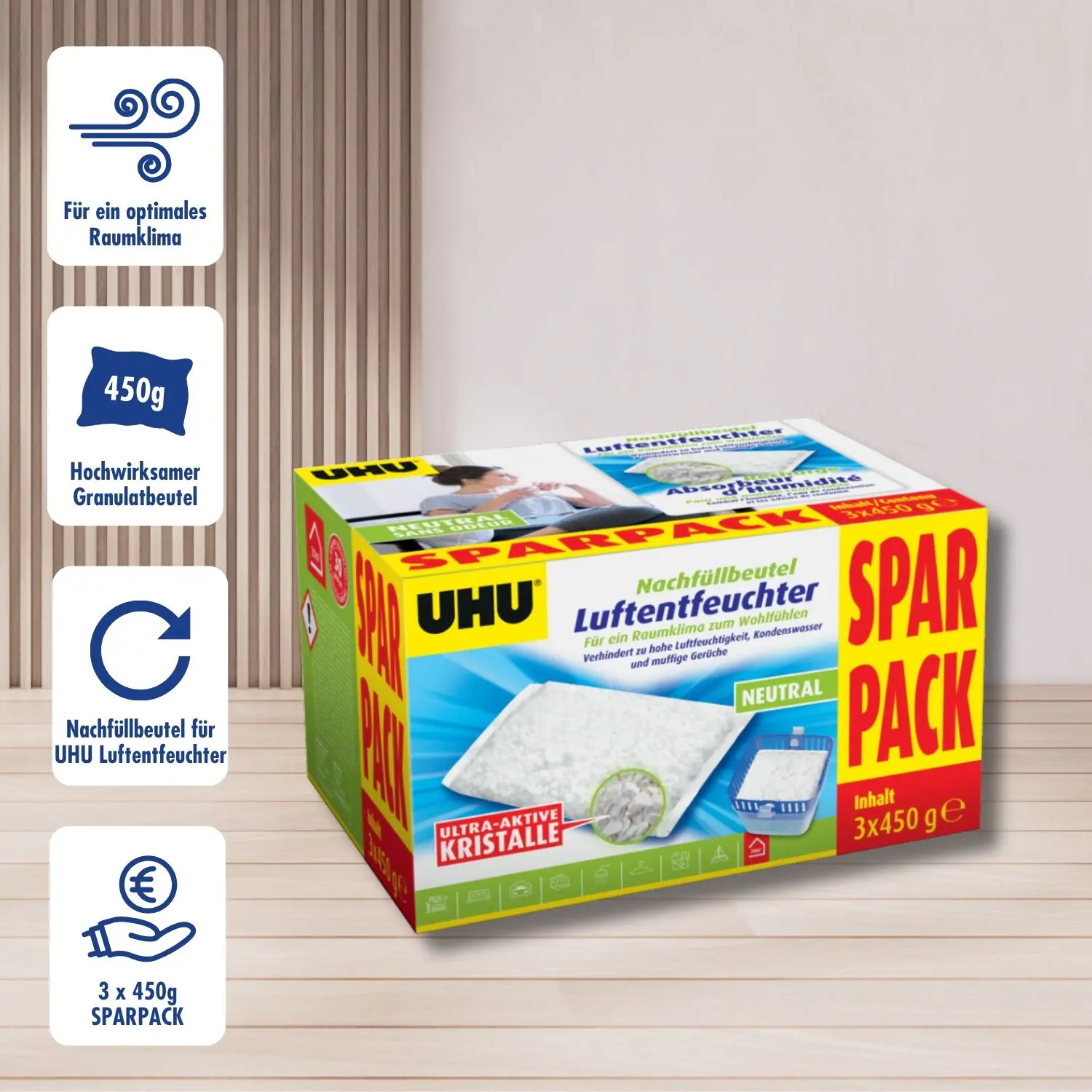 UHU Luftentfeuchter Nachfüllbeutel Sparpack, 3 x 450 g