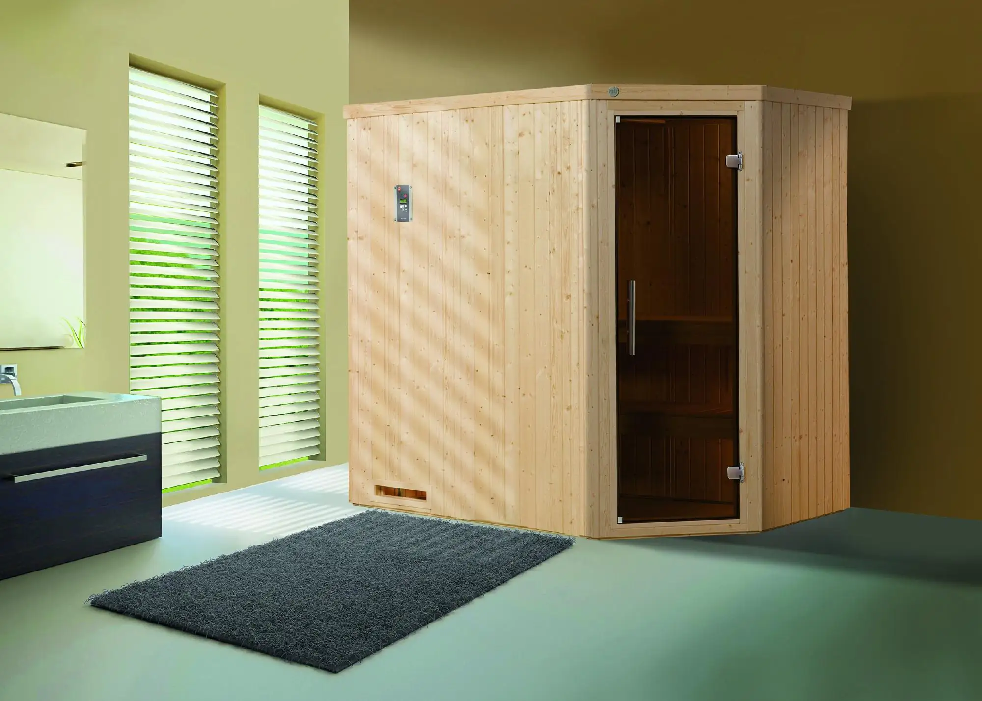 Weka Element-Ecksauna Varberg 1 mit Glastür