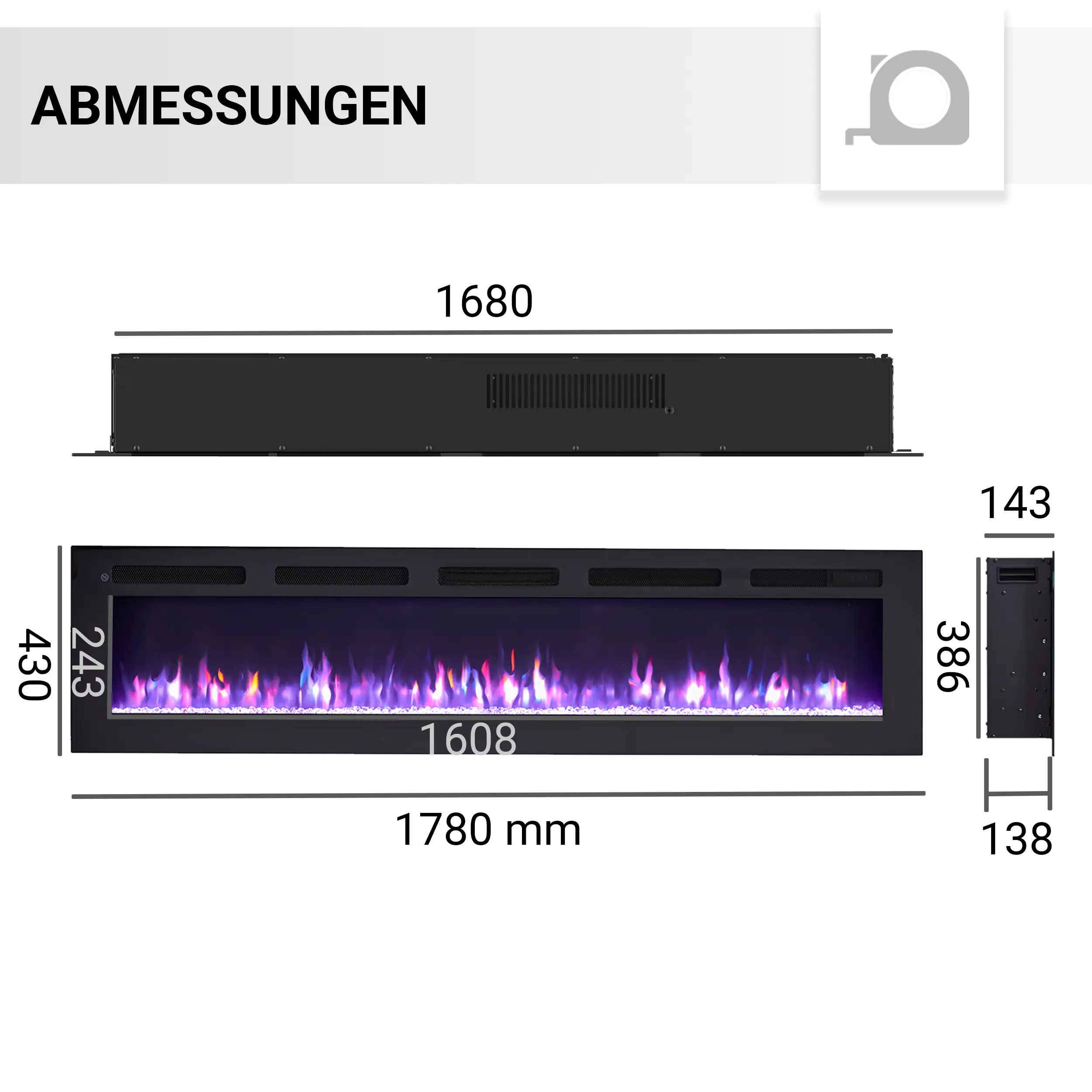 BALDERIA Elektrokamin schwarz Leif 70 1000/1800 Watt 43 x 178 cm