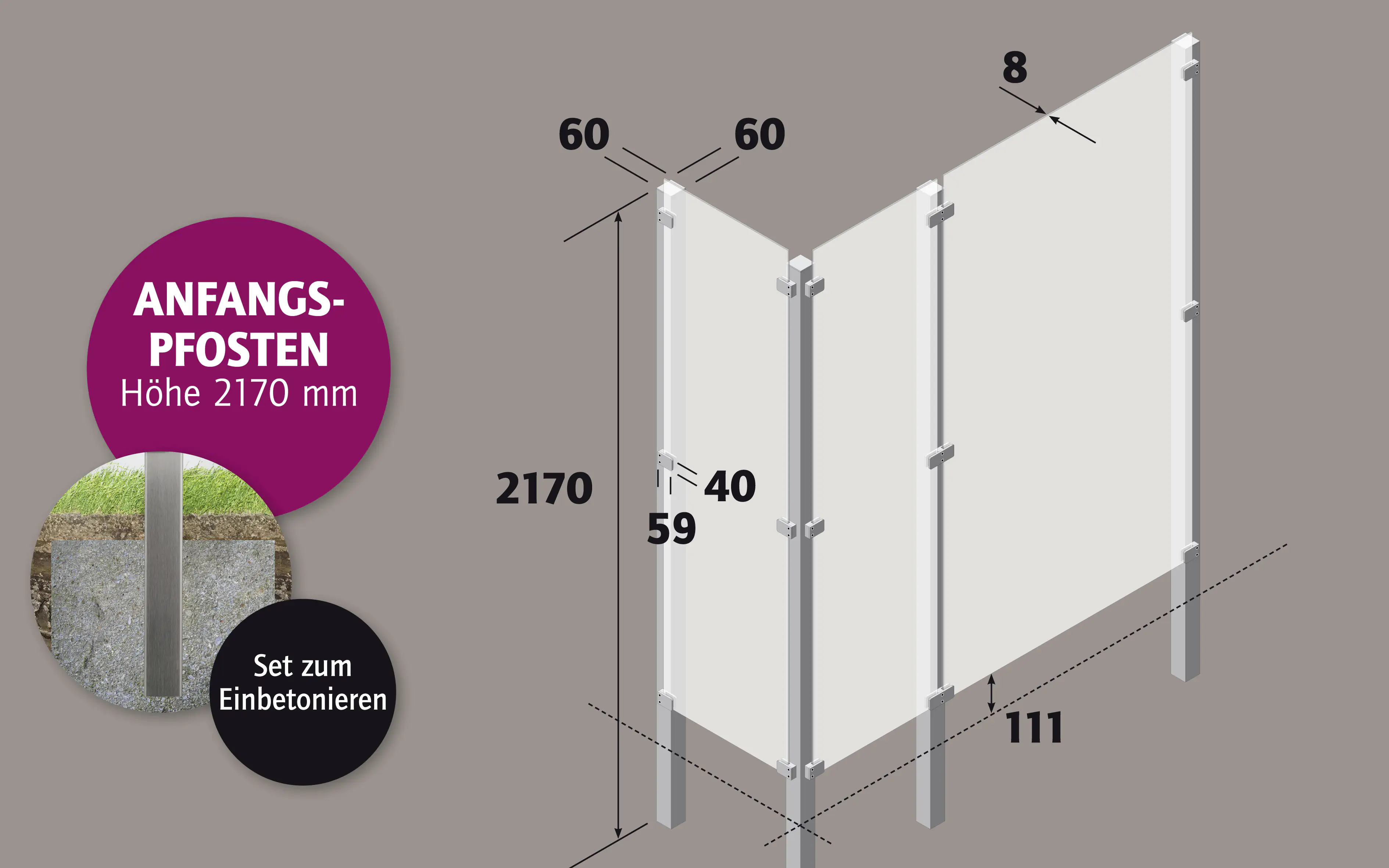 Ambiente Anfangspfosten-Set zum EINBETONIEREN 217 cm 6 x 6 cm Edelstahl V2A
